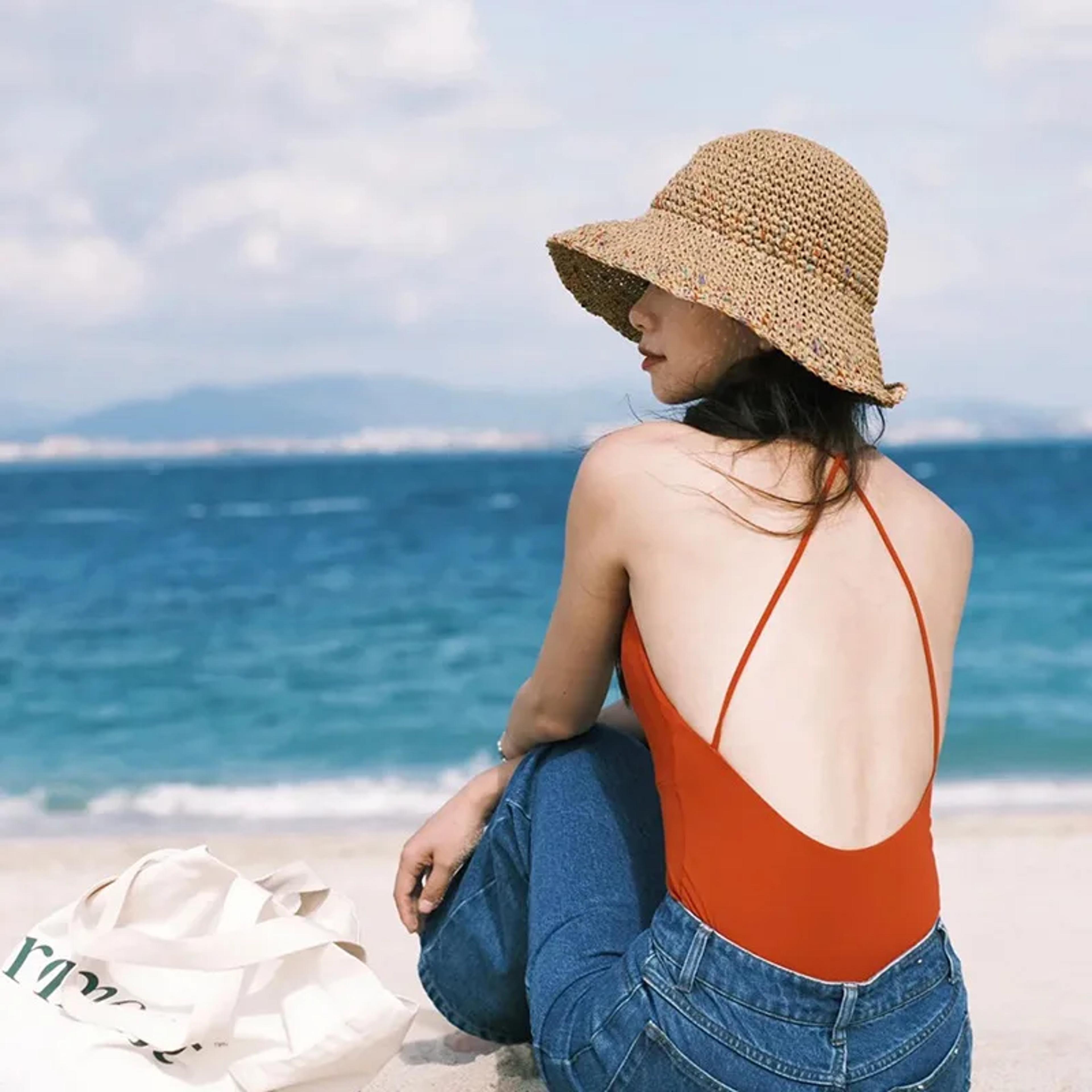 Wide Brim Straw Sun Hat For Women Beach Bucket Hat UV Protection Summer Cap 3