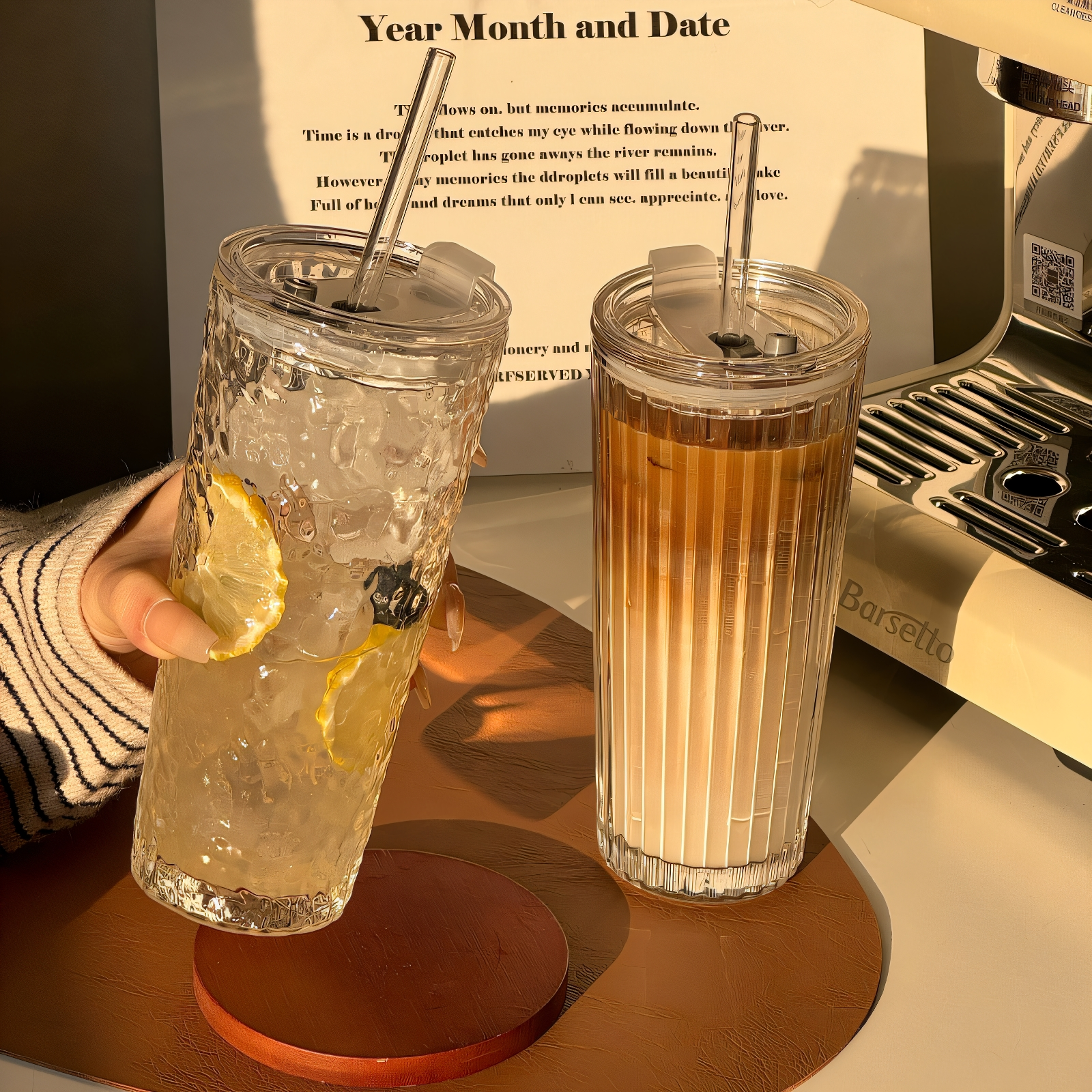 Clear Glass Tumbler With Straw And Lid Large Capacity Iced Coffee Cup 1
