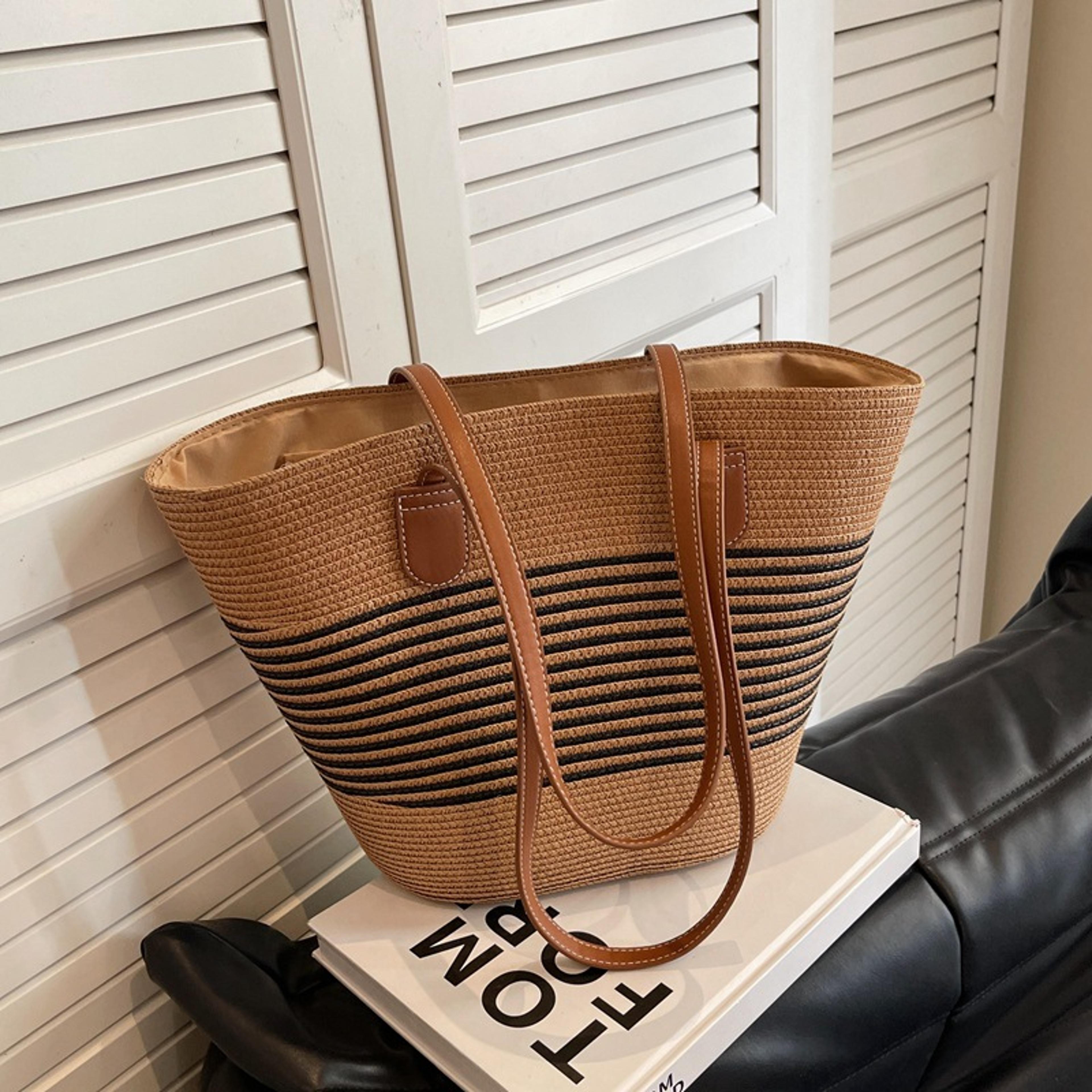 large capacity straw beach bag for women summer travel tote shoulder bag