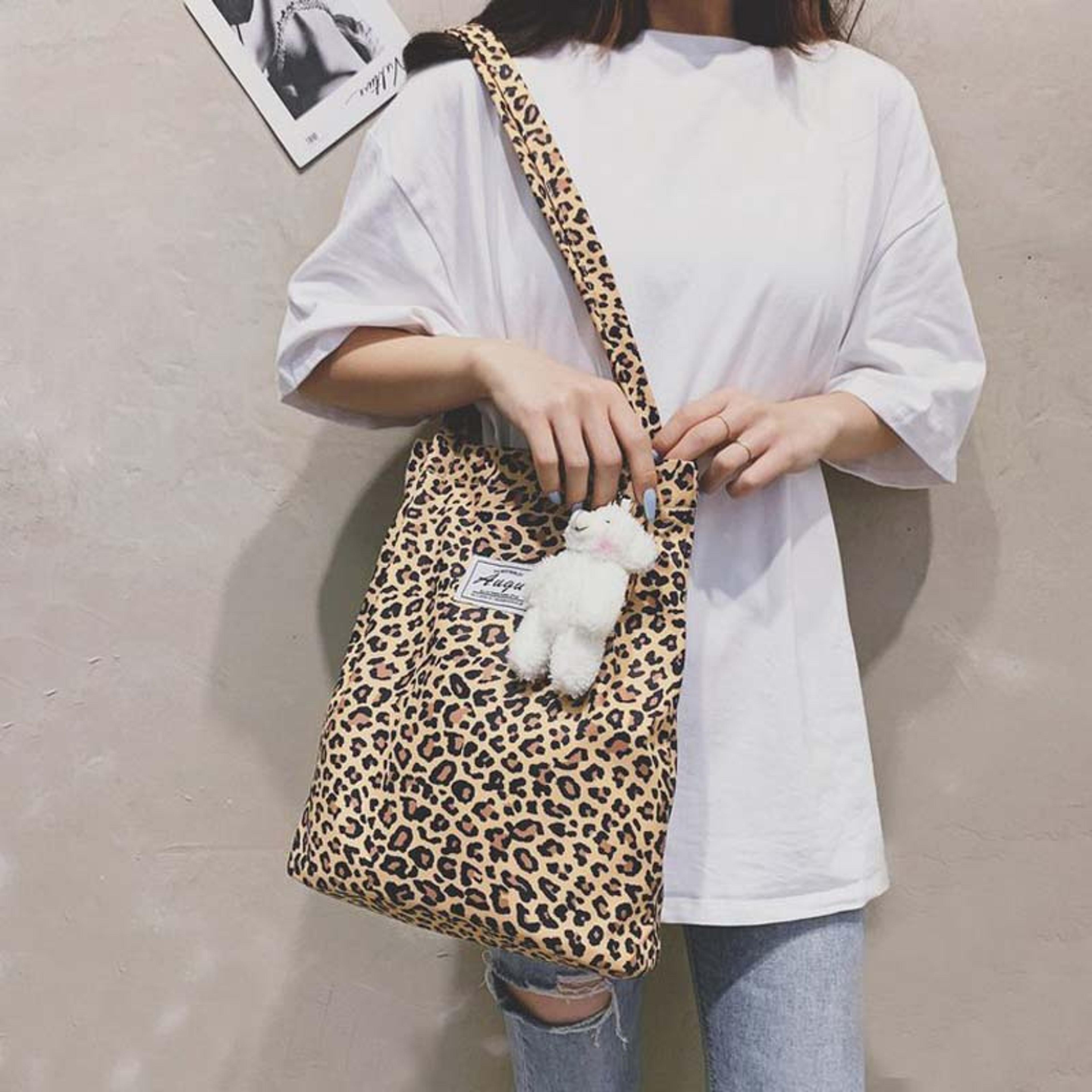 Leopard Print Canvas Tote Bag Large Capacity Stylish Shoulder Shopping Bag 2