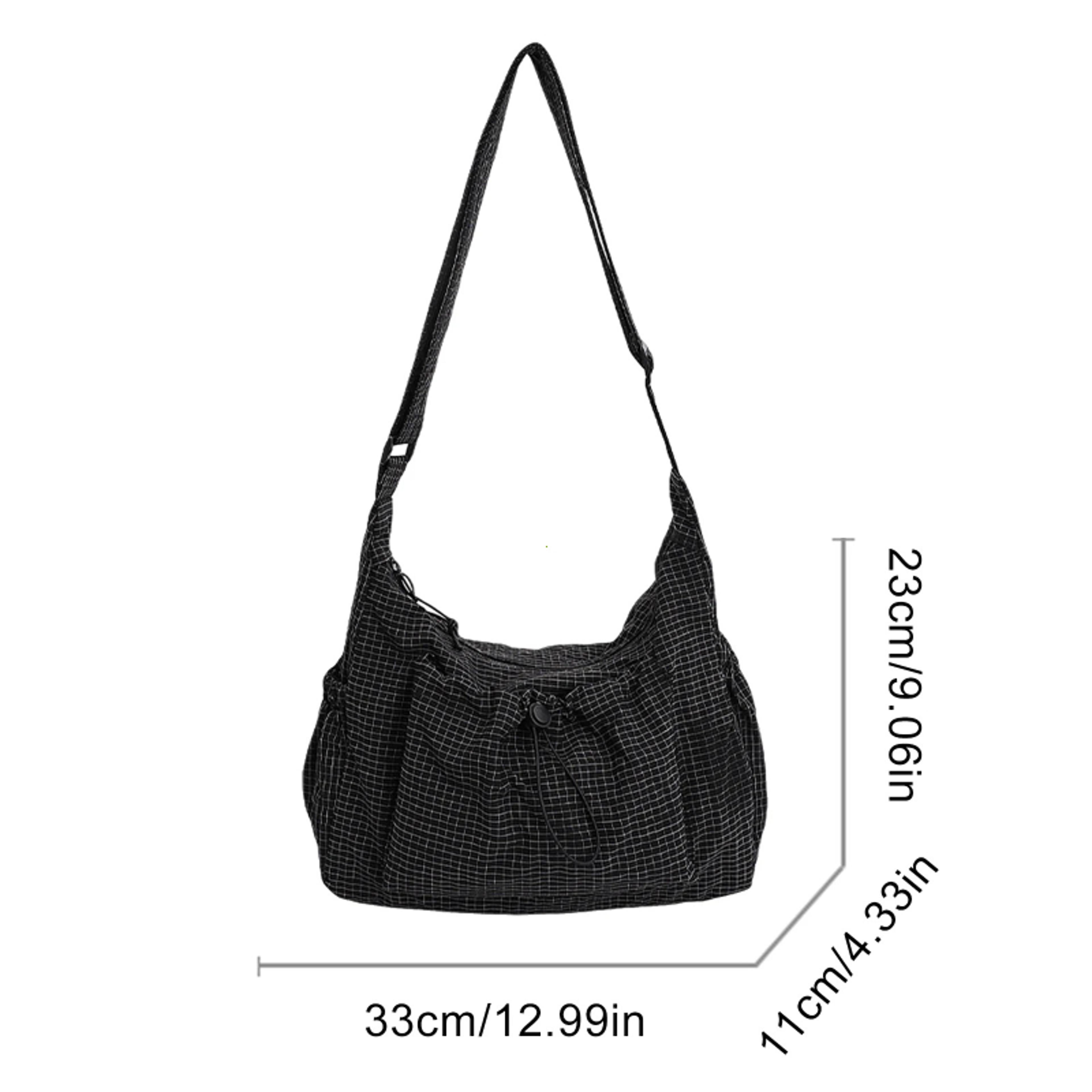 Trendy Checkered Nylon Crossbody Bag With Drawstring Large Capacity Shoulder Tote 5