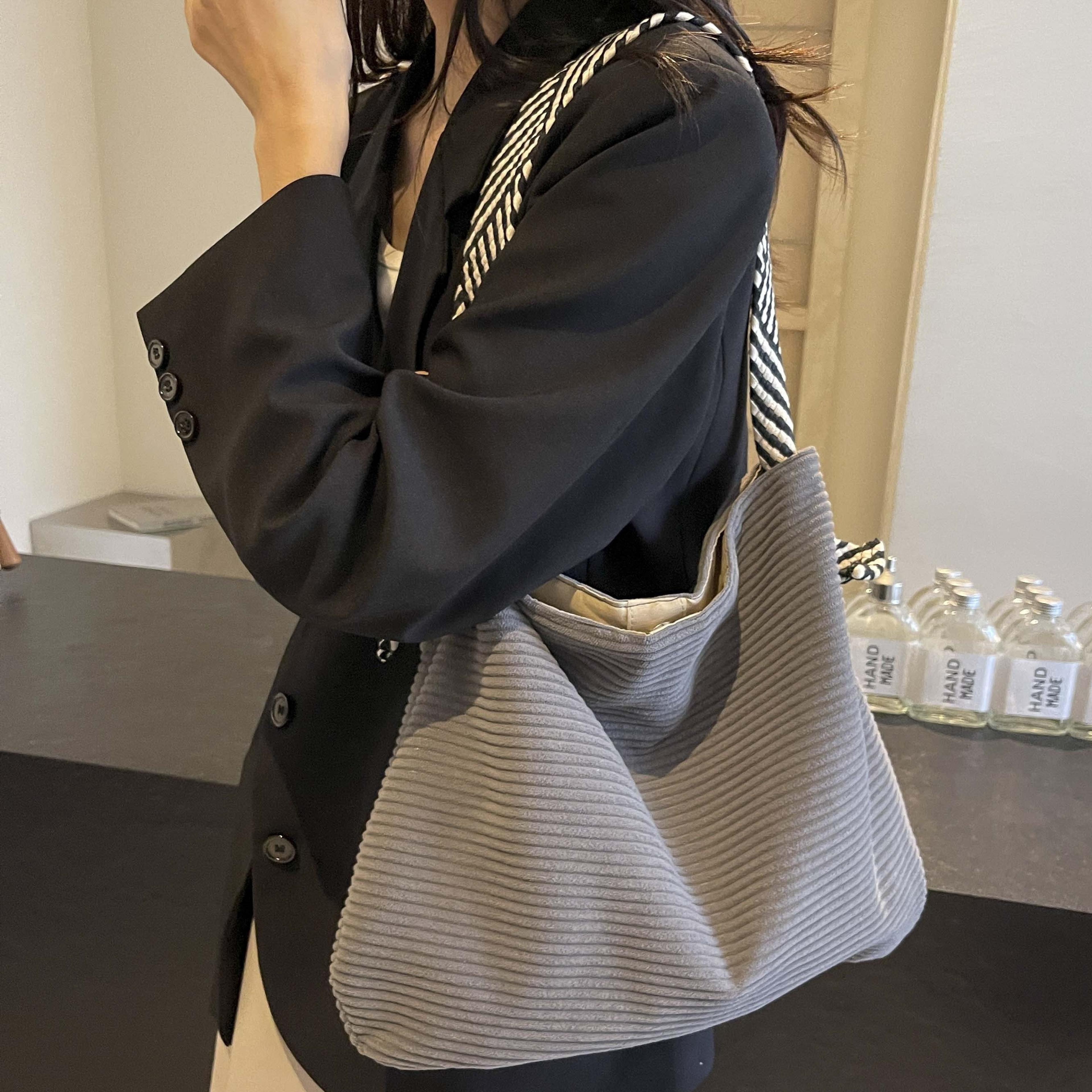 Corduroy Velvet Handbag With Wide Strap Casual Women Shoulder Bag 4