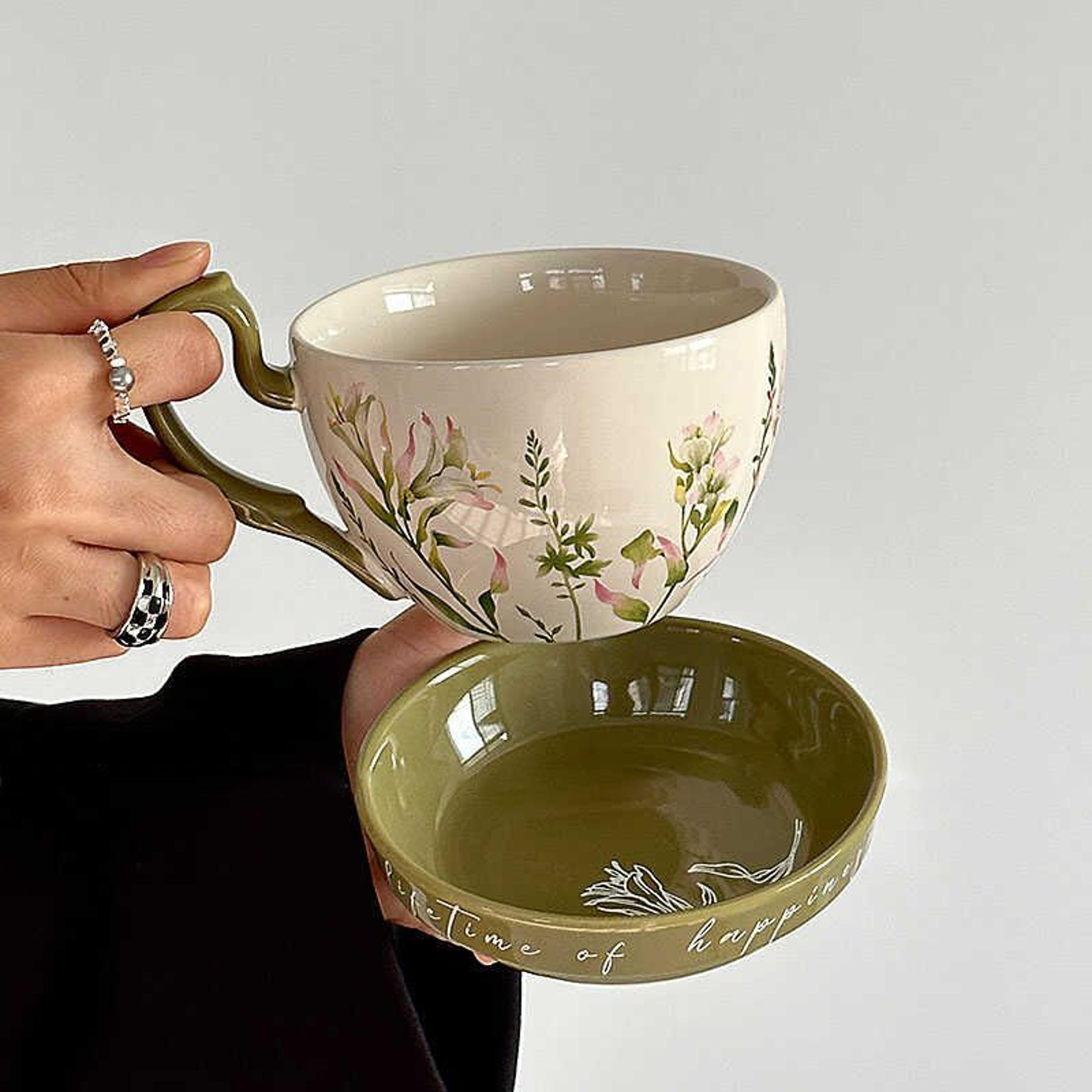 vintage ceramic breakfast cup set with lid & saucer large capacity retro coffee mug