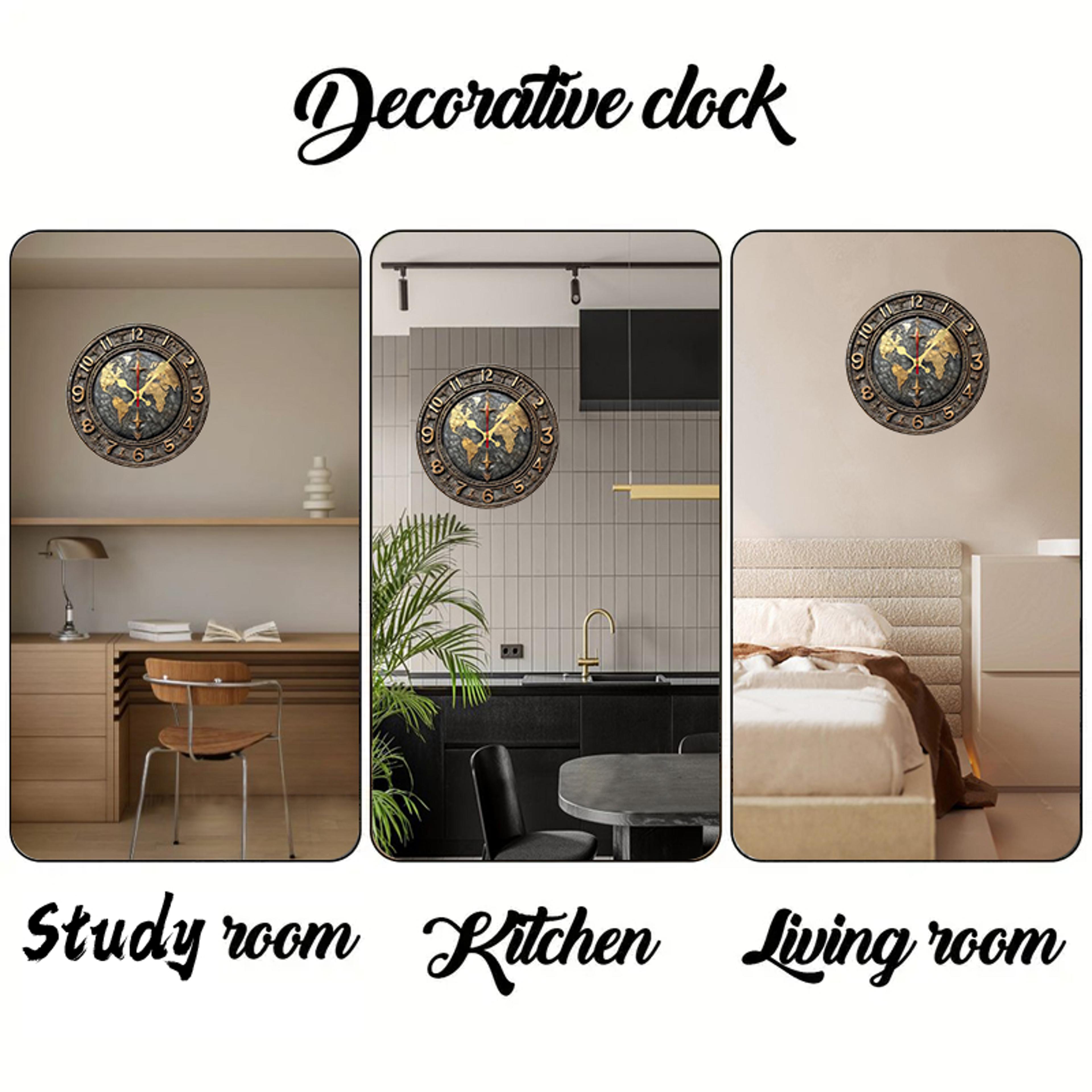 Vintage World Map Wooden Wall Clock Silent Decorative Round Home Decor 3