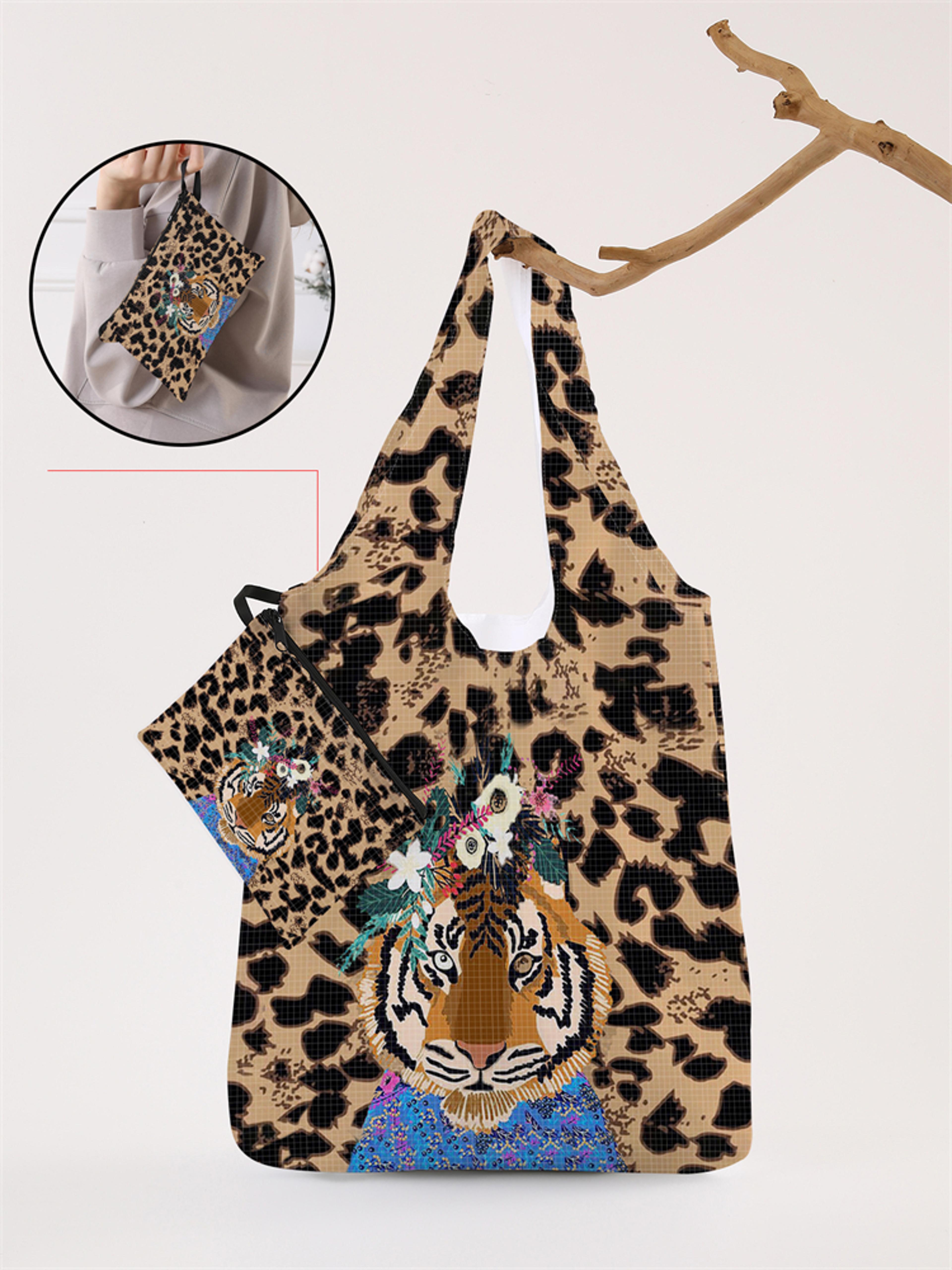 Foldable Leopard Print Shopping Bag Reusable Large Capacity Tote 0