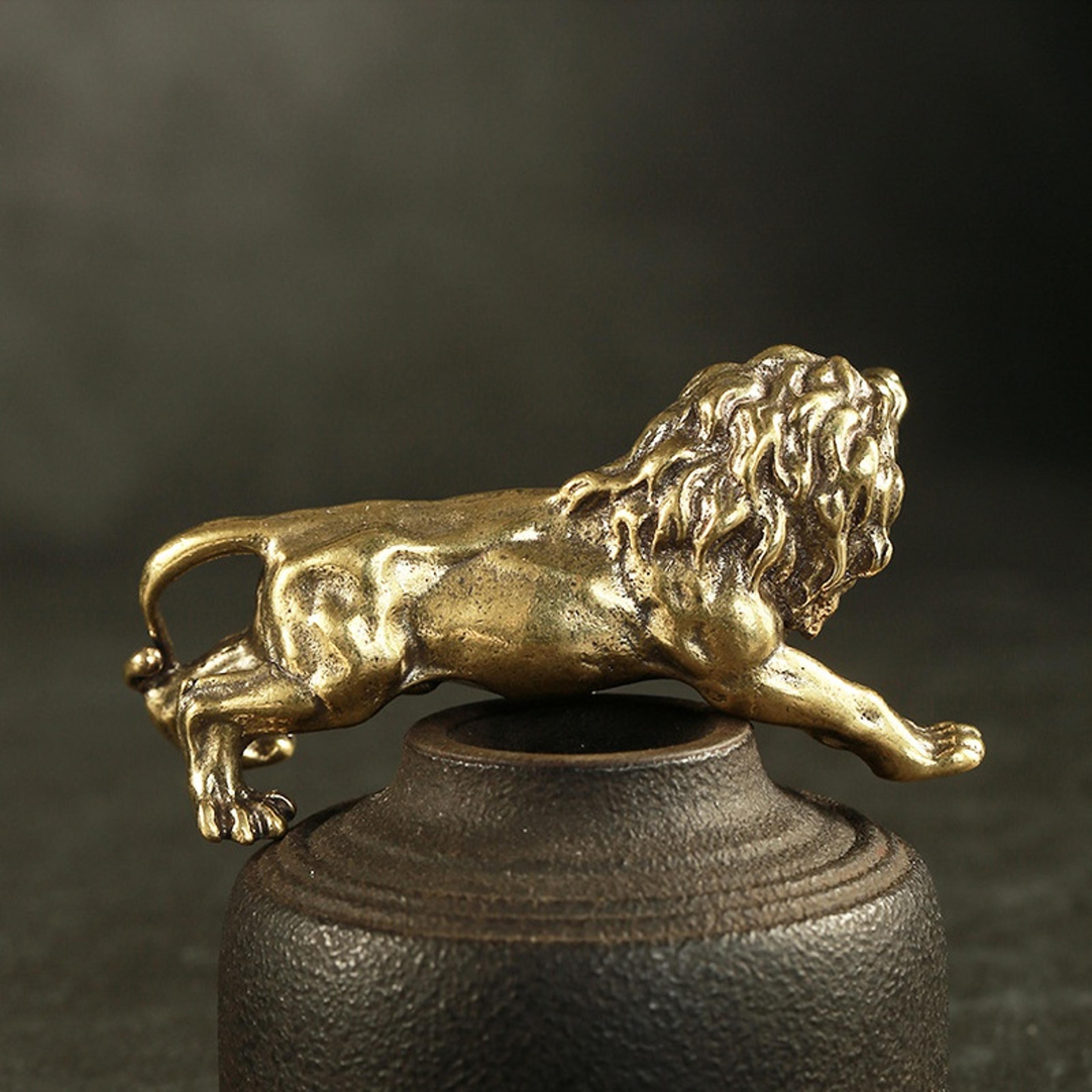 Vintage Copper Lion King Figurine Small Brass Mountain Lion Statue Decor 4