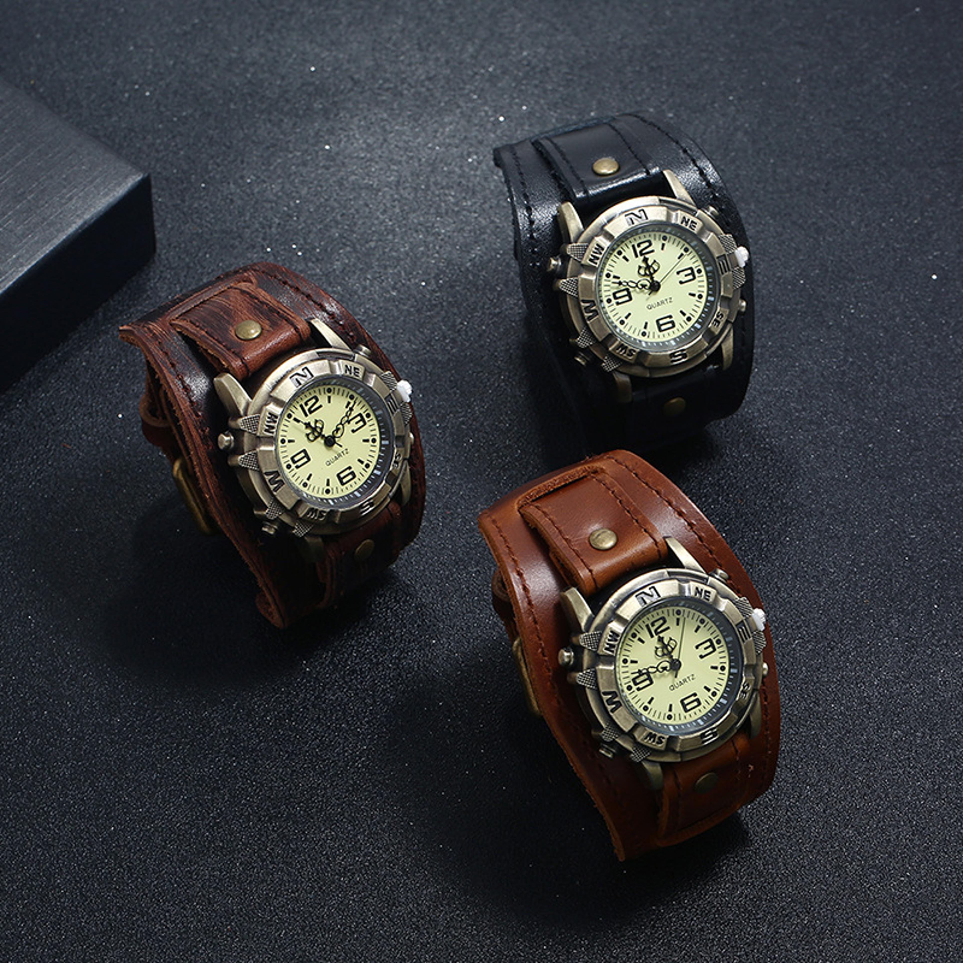 men leather cuff watch retro punk style quartz bracelet watch
