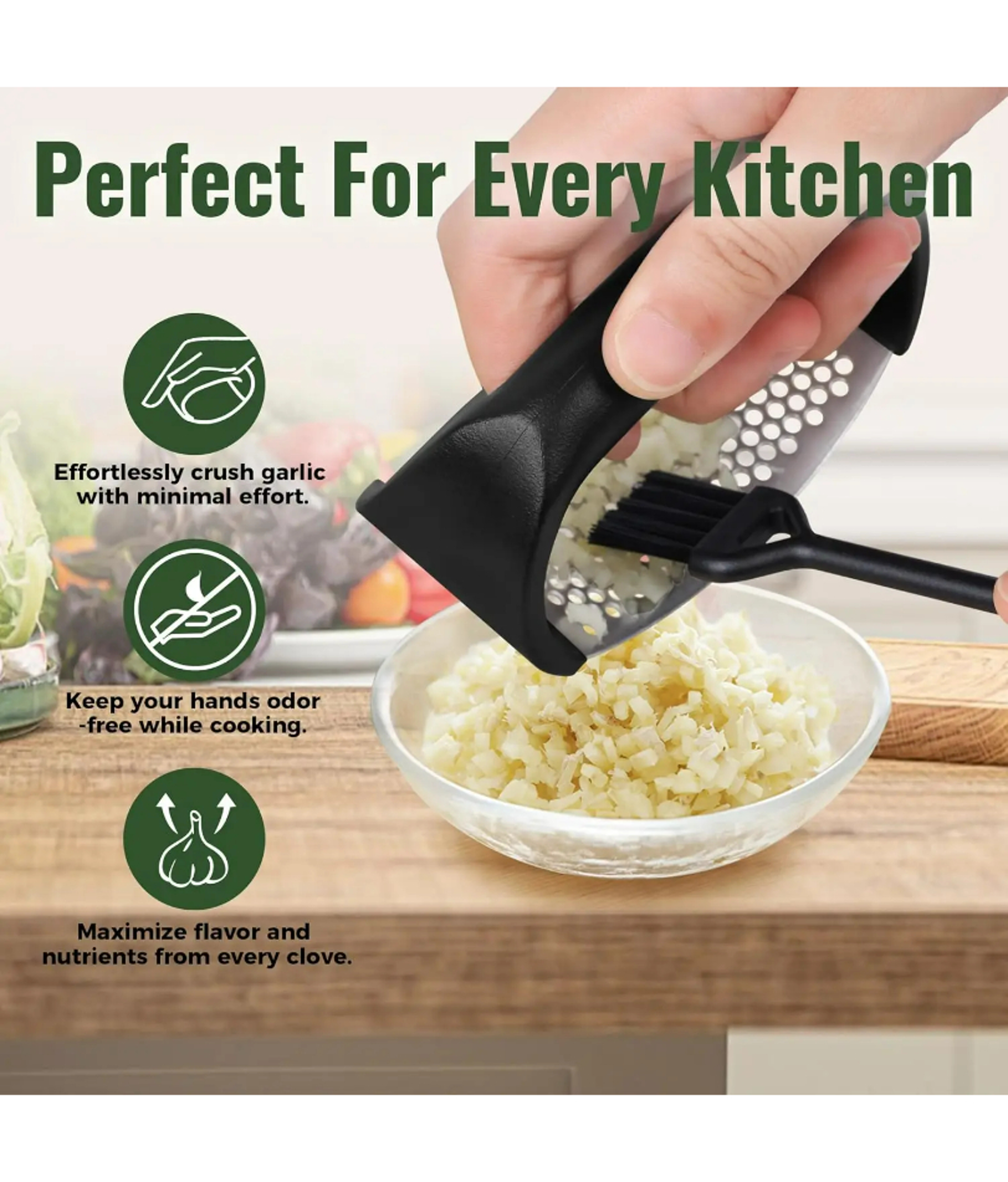 Stainless Steel Garlic Press Rocker Easy Garlic Mincer Tool With Peeler  Brush 2