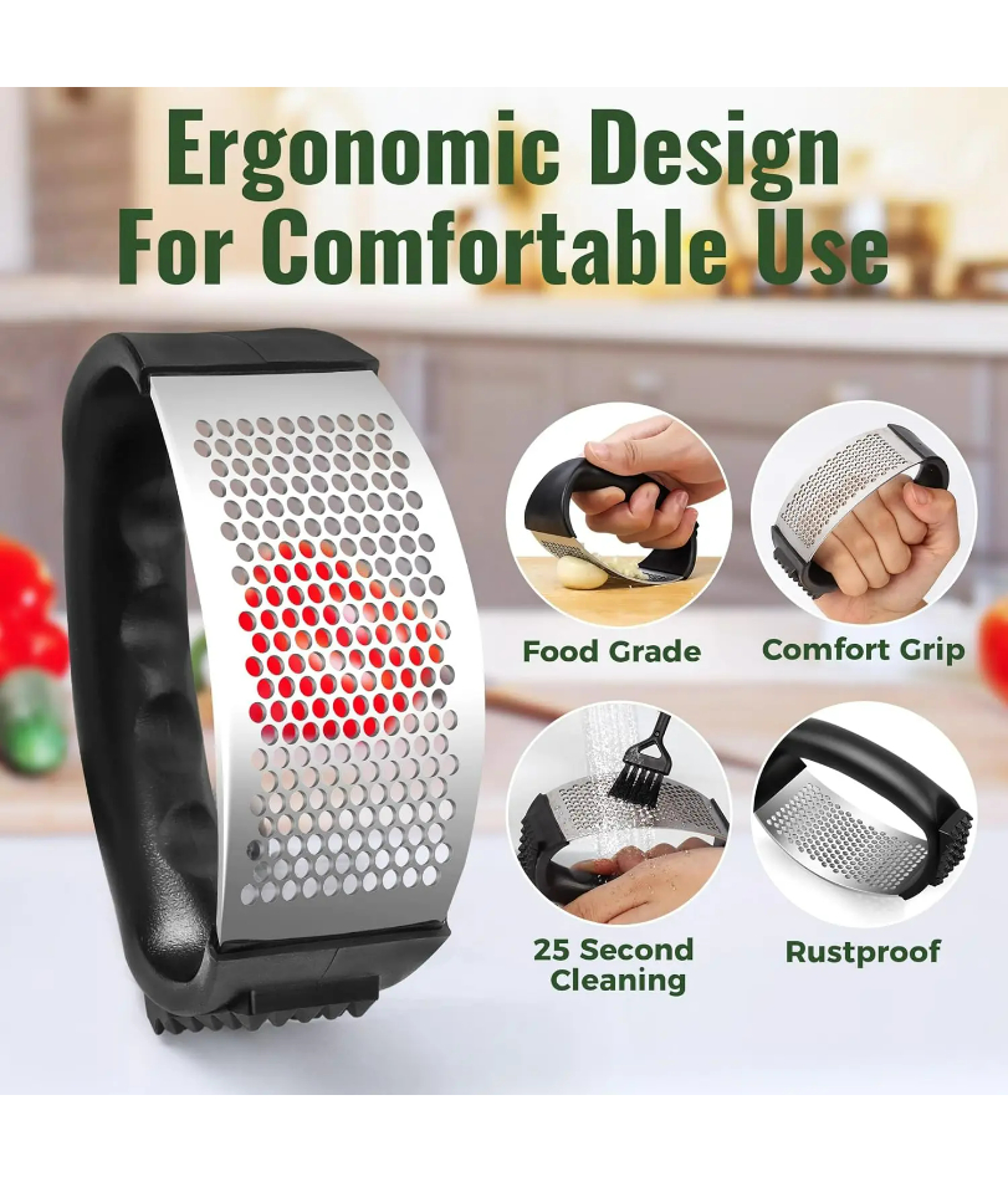 Stainless Steel Garlic Press Rocker Easy Garlic Mincer Tool With Peeler  Brush 3