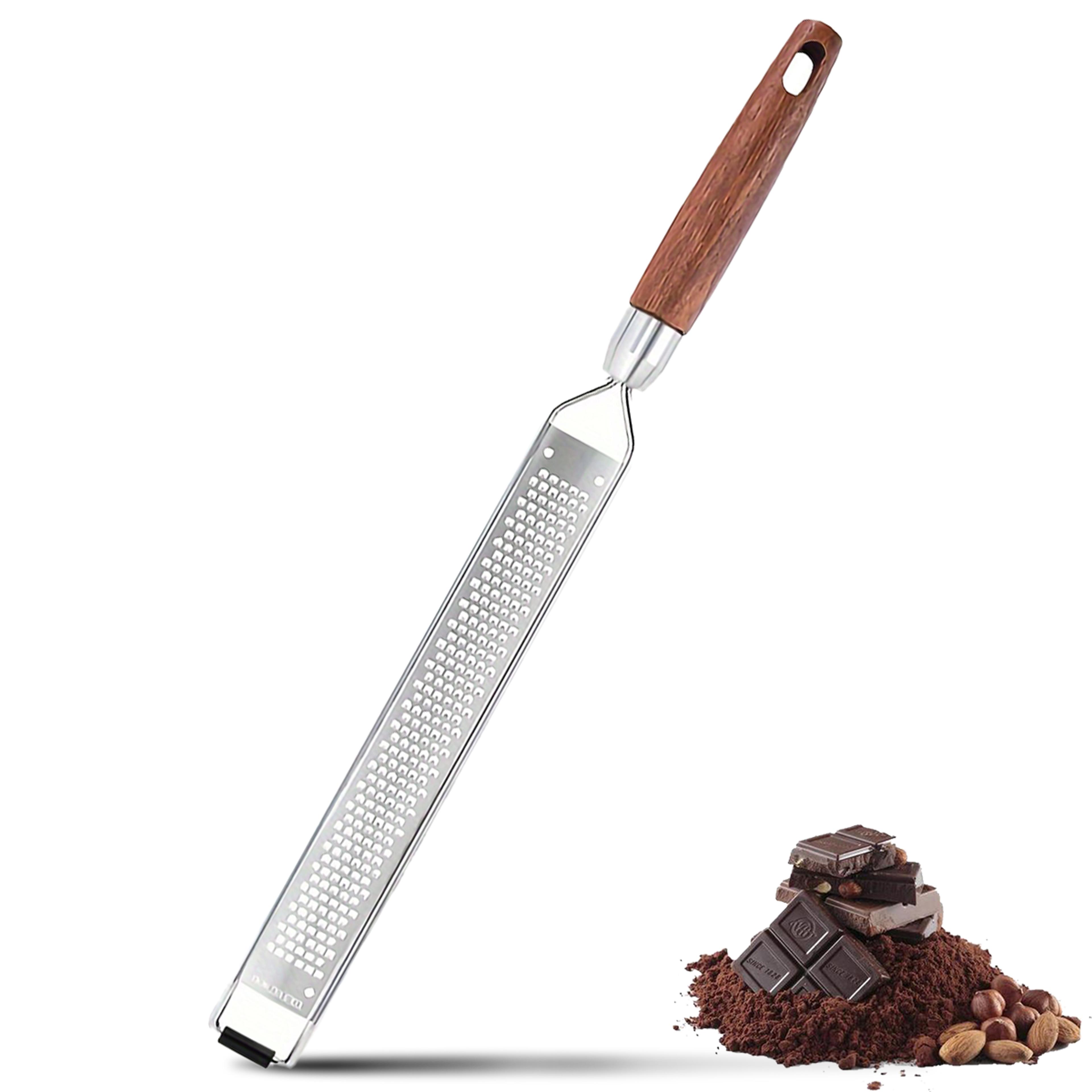 stainless steel lemon zester & cheese grater with wooden handle for citrus, nutmeg & hard cheese