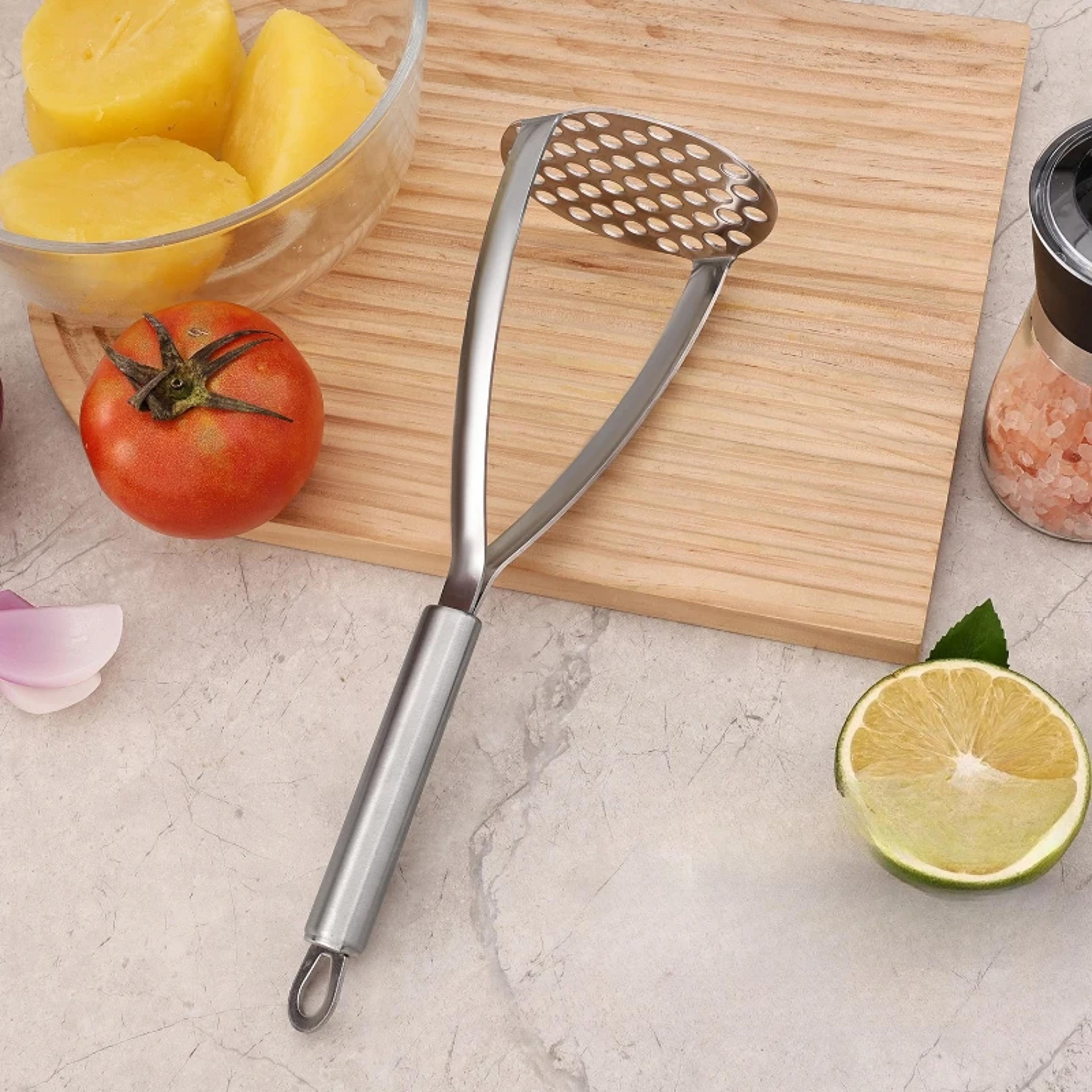 stainless steel potato masher and fruit press for smooth purees and baby food