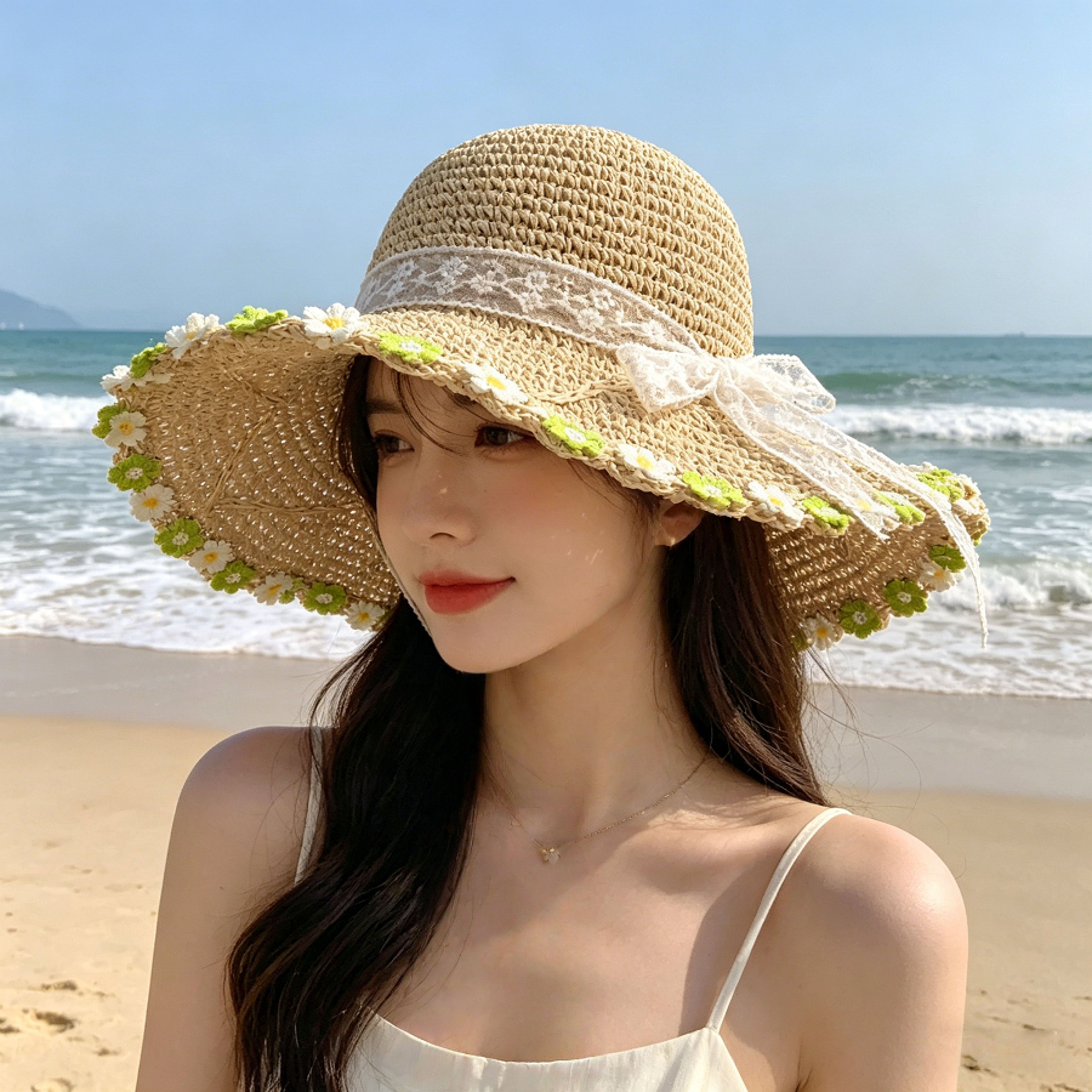 daisy woven straw sun hat with wide brim for beach travel and summer uv protection