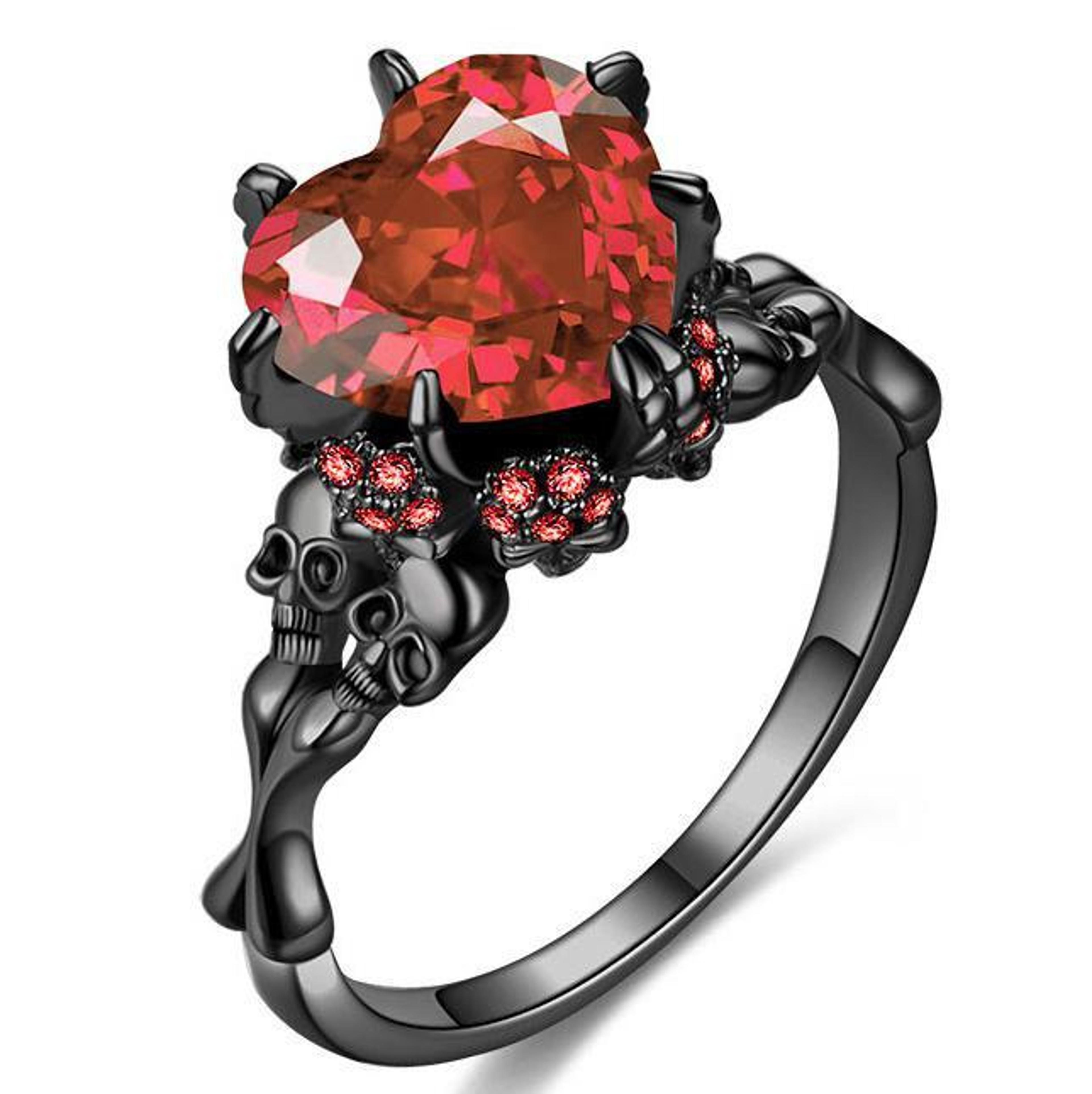 Dark Romance Gothic Skull Ring With Red Crystal Heart For Women 5