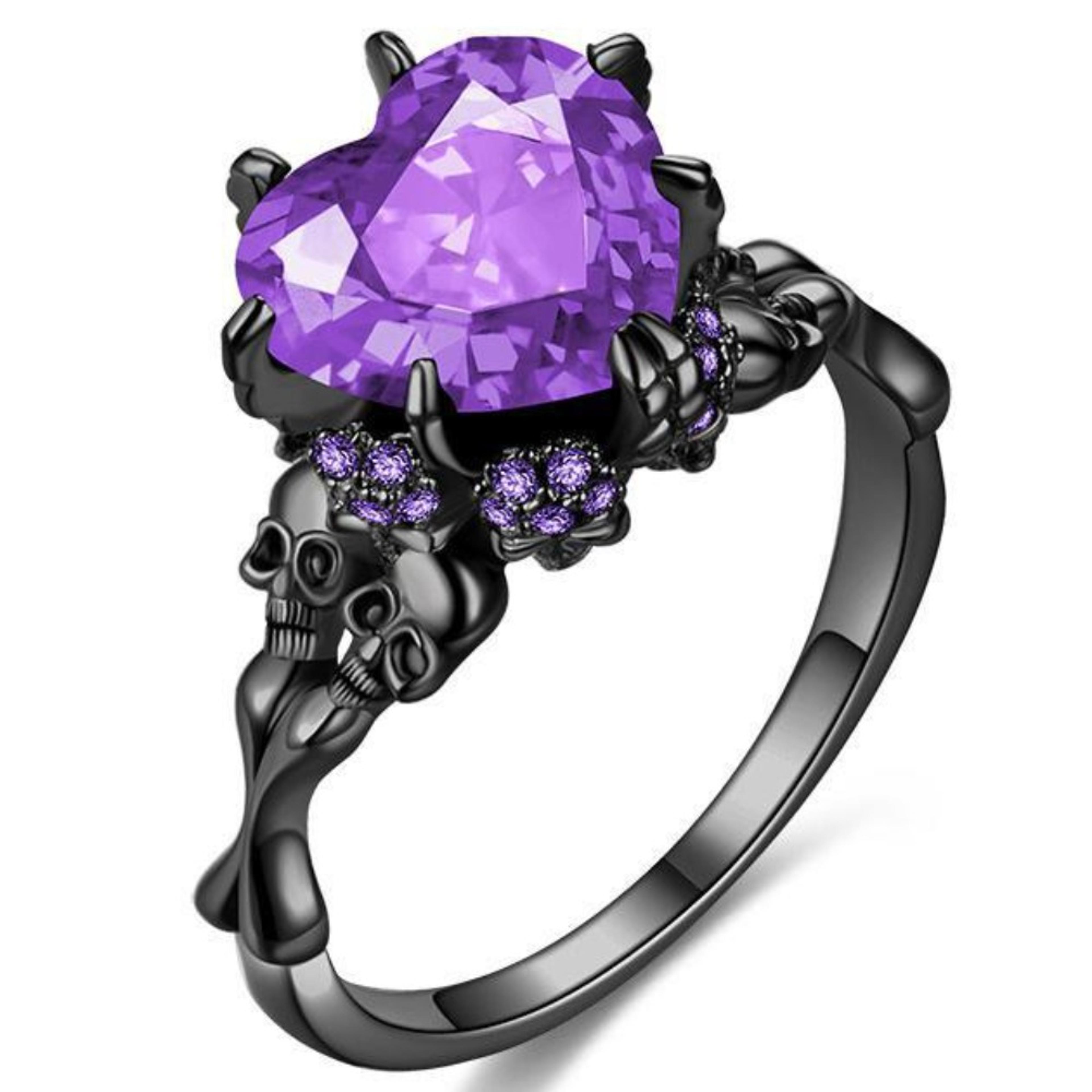 Dark Romance Gothic Skull Ring With Red Crystal Heart For Women 6