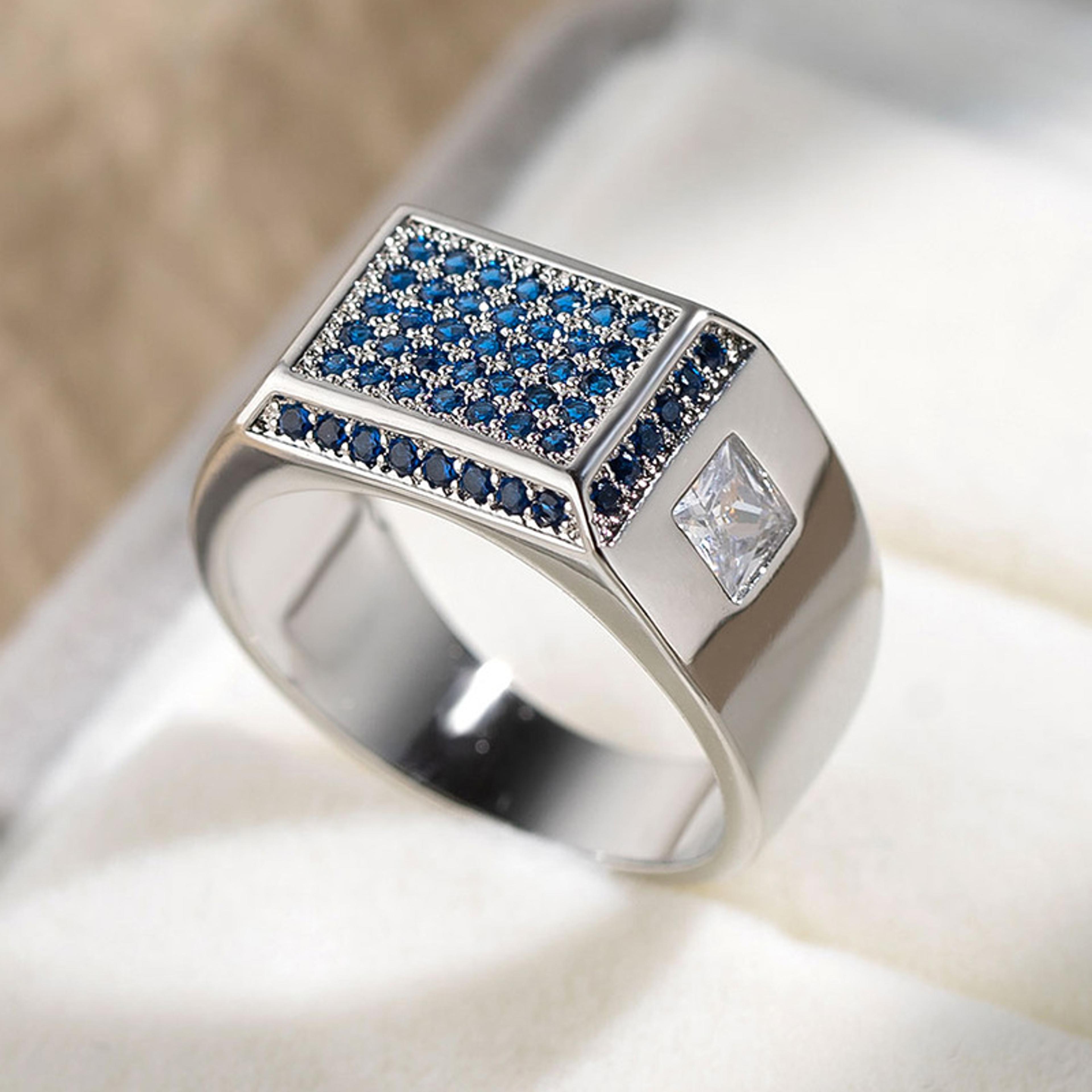 blue heart cz couple ring silver tone engagement band