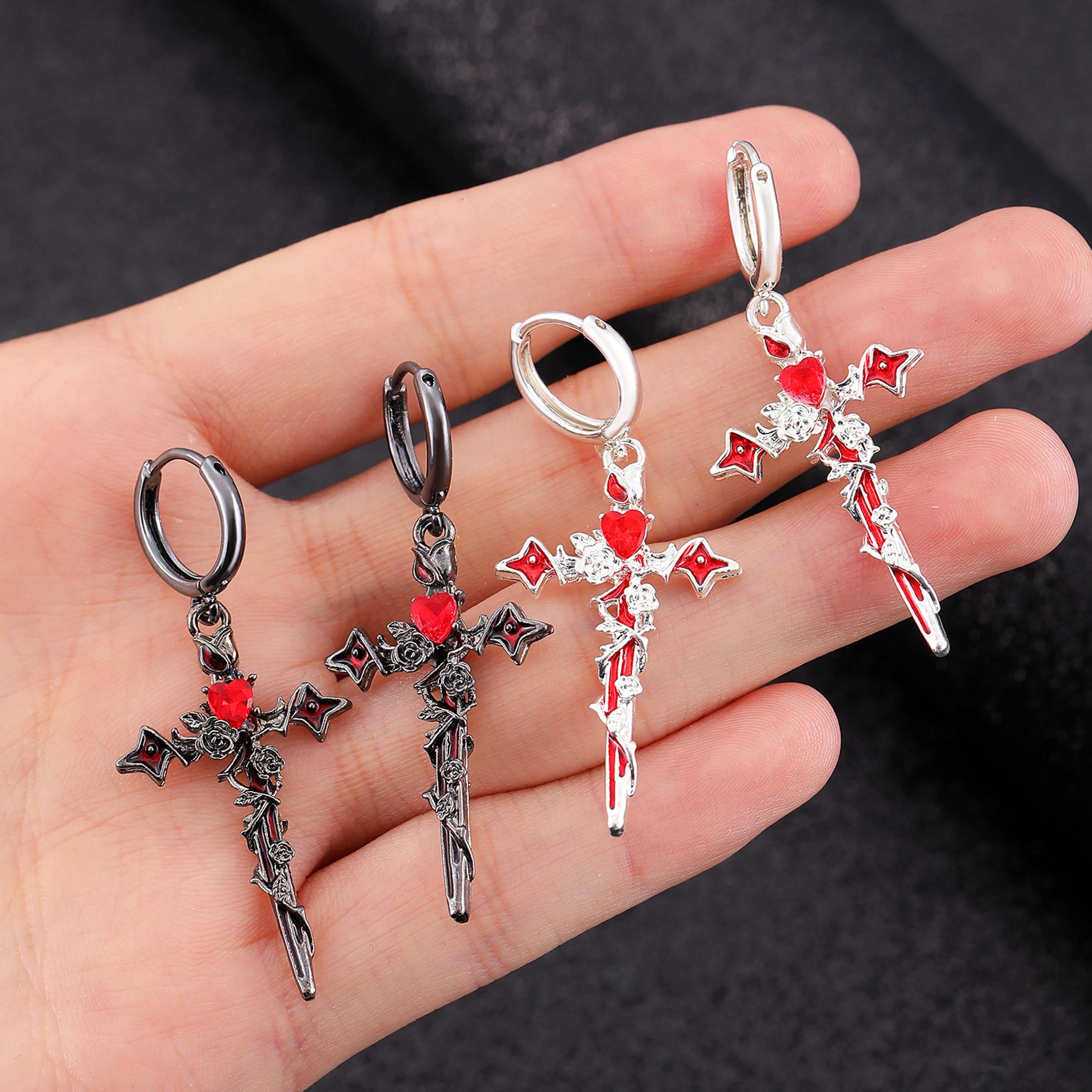 gothic thorn cross drop earrings in titanium steel for women