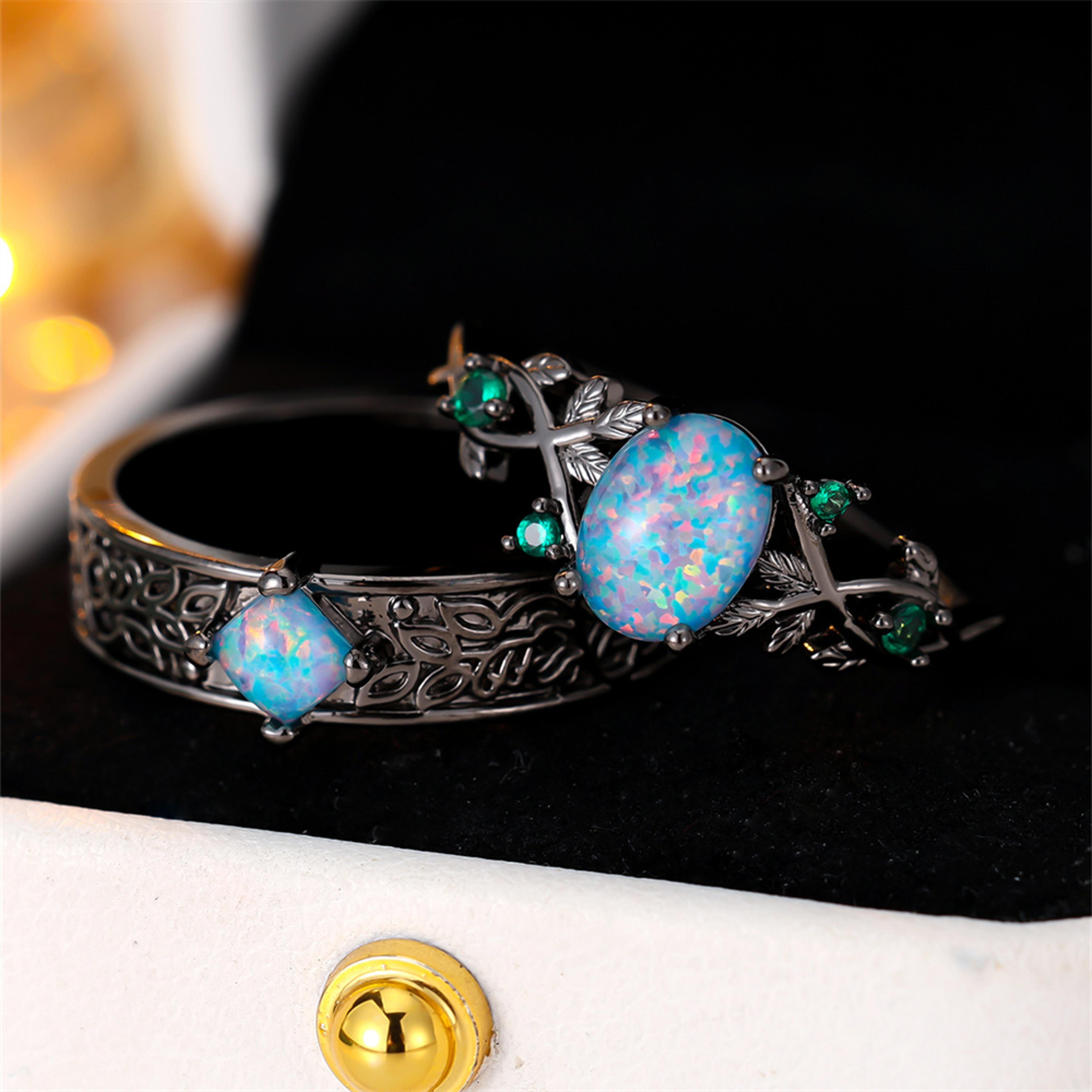 vintage blue opal & green zircon engagement ring set for women