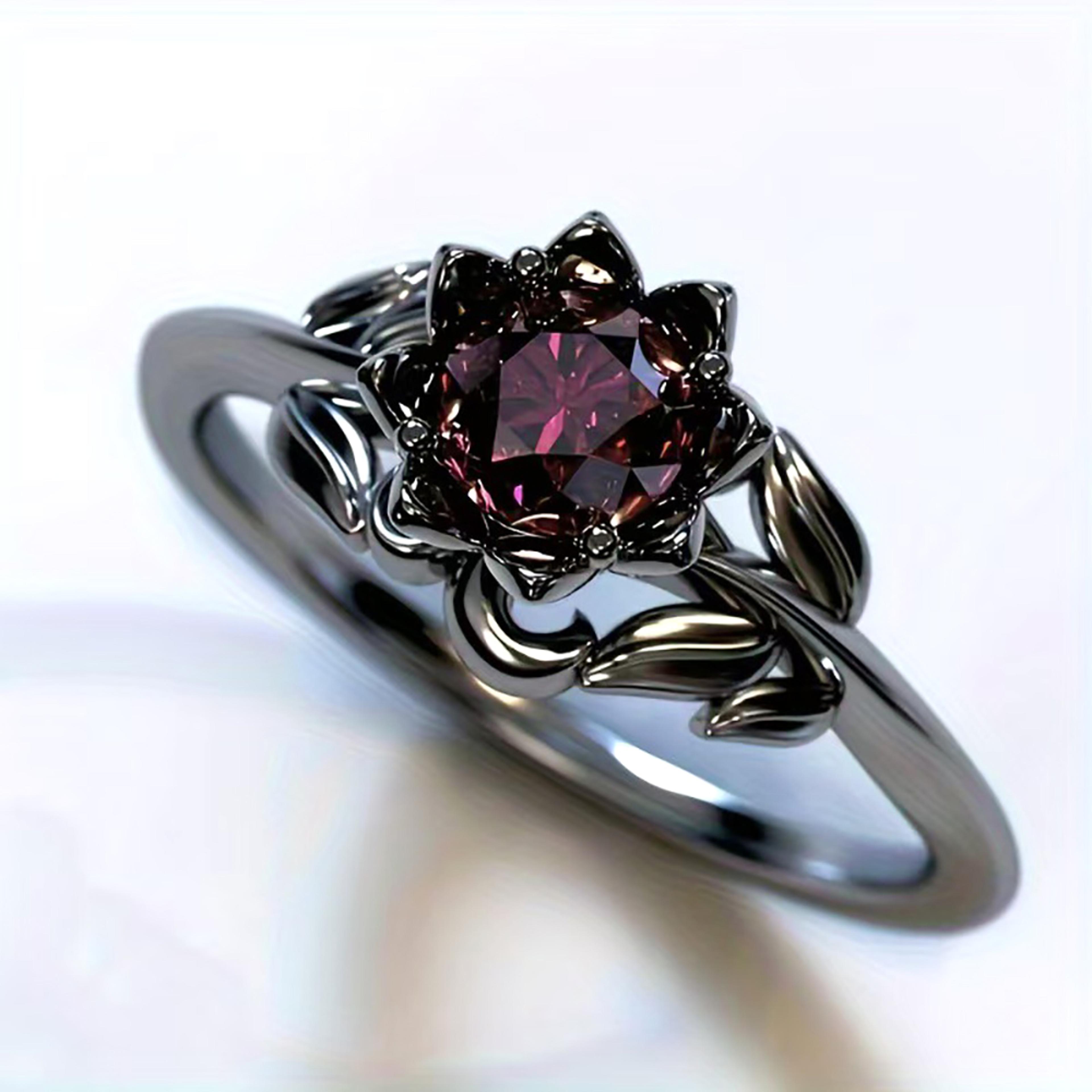midnight bloom red crystal ring with cubic zirconia floral design