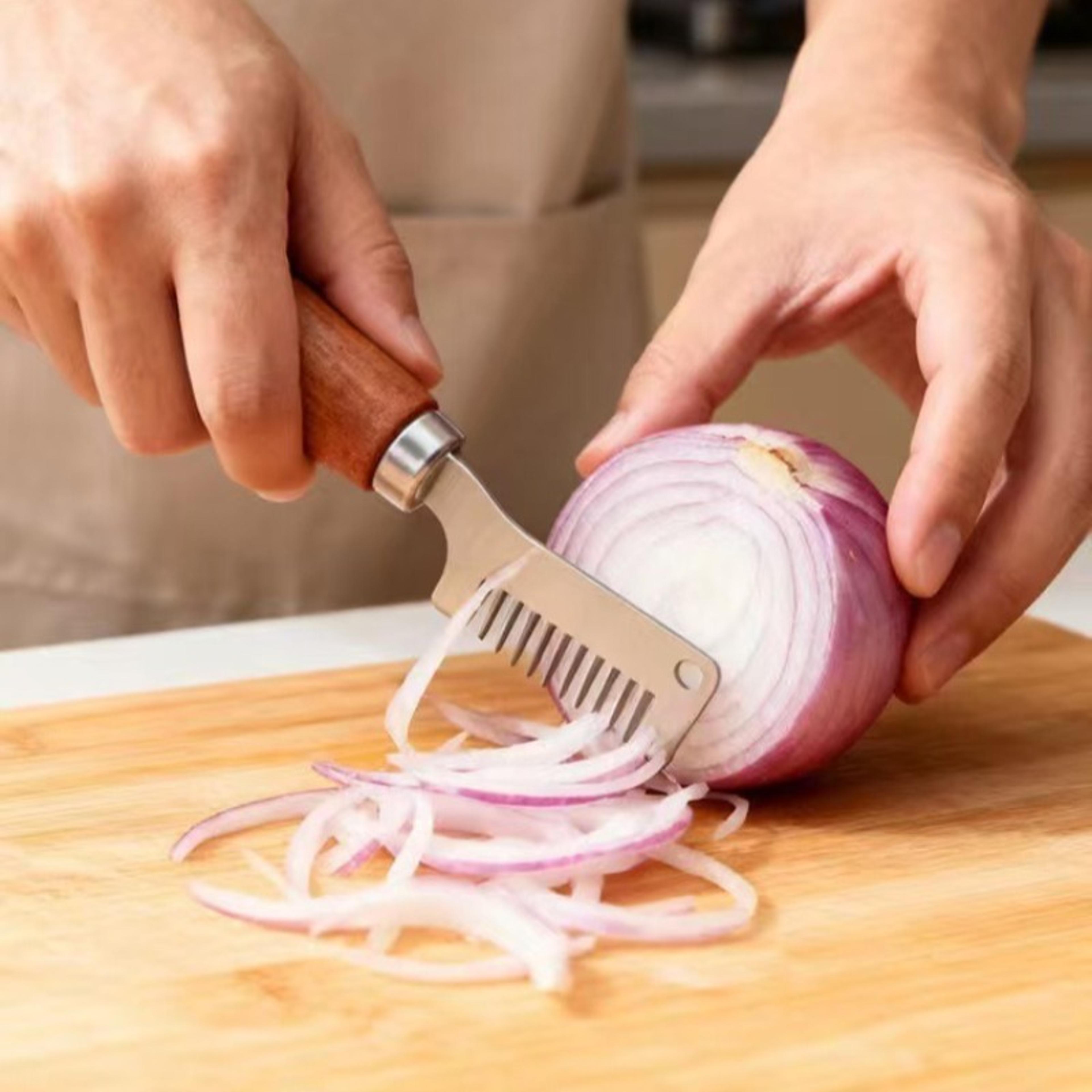stainless steel green onion slicer with wooden handle for fast herb & vegetable prep