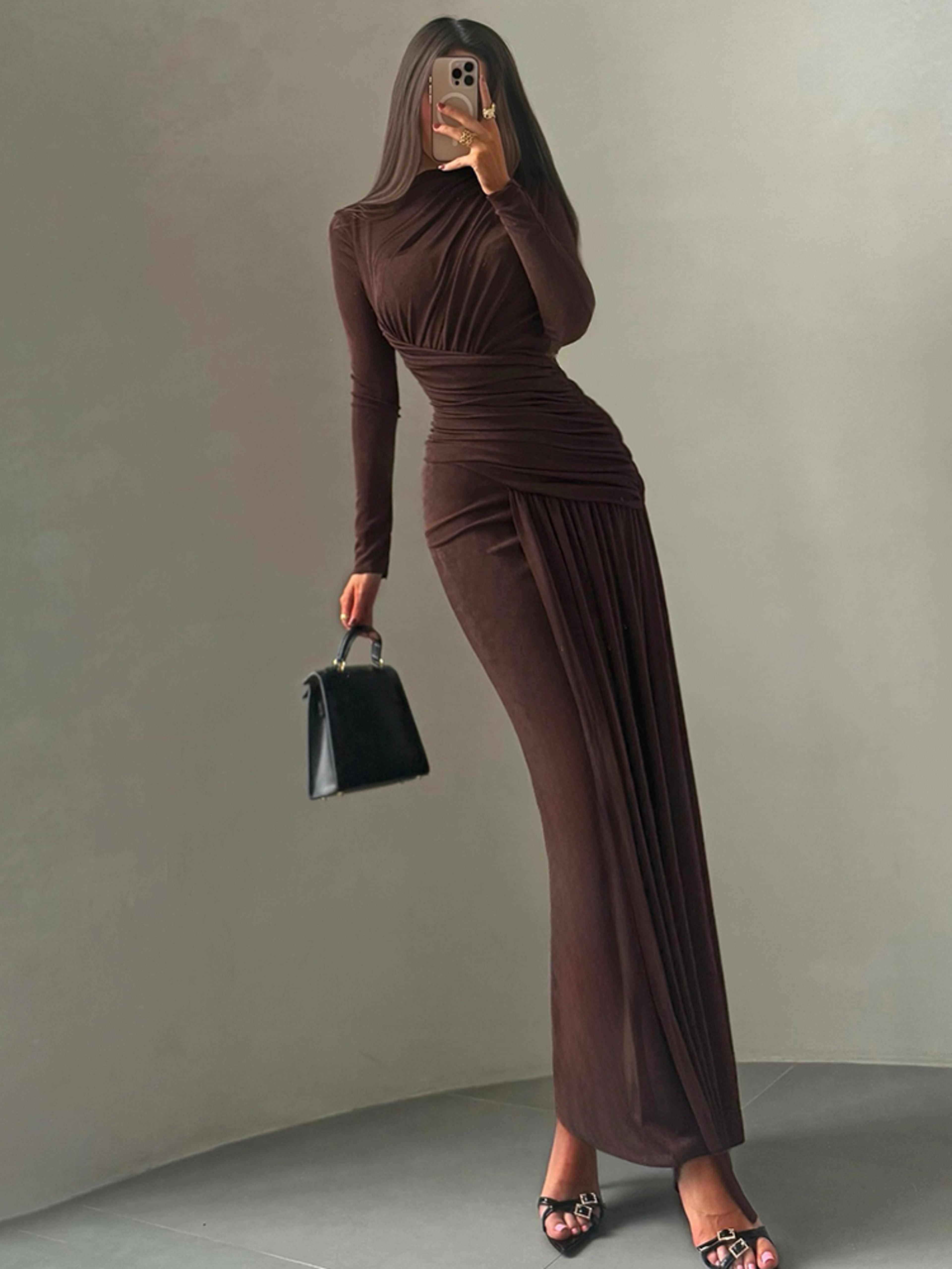 Sisterlinda Folds Maxi Dress For Women O Neck Full Sleeve Solid Banquet Elegant Vacation Autumn Ski 2