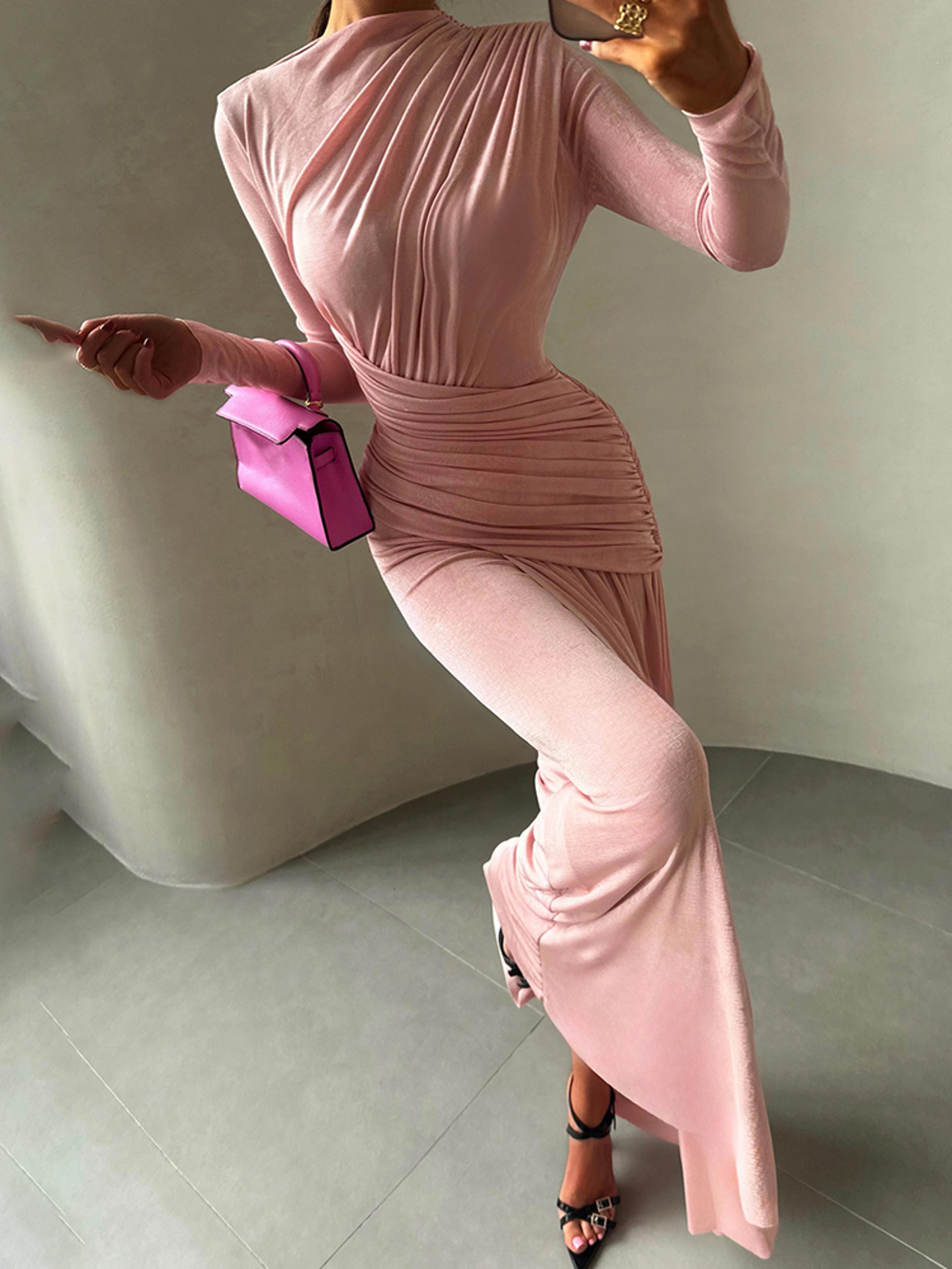 Sisterlinda Folds Maxi Dress For Women O Neck Full Sleeve Solid Banquet Elegant Vacation Autumn Ski 7