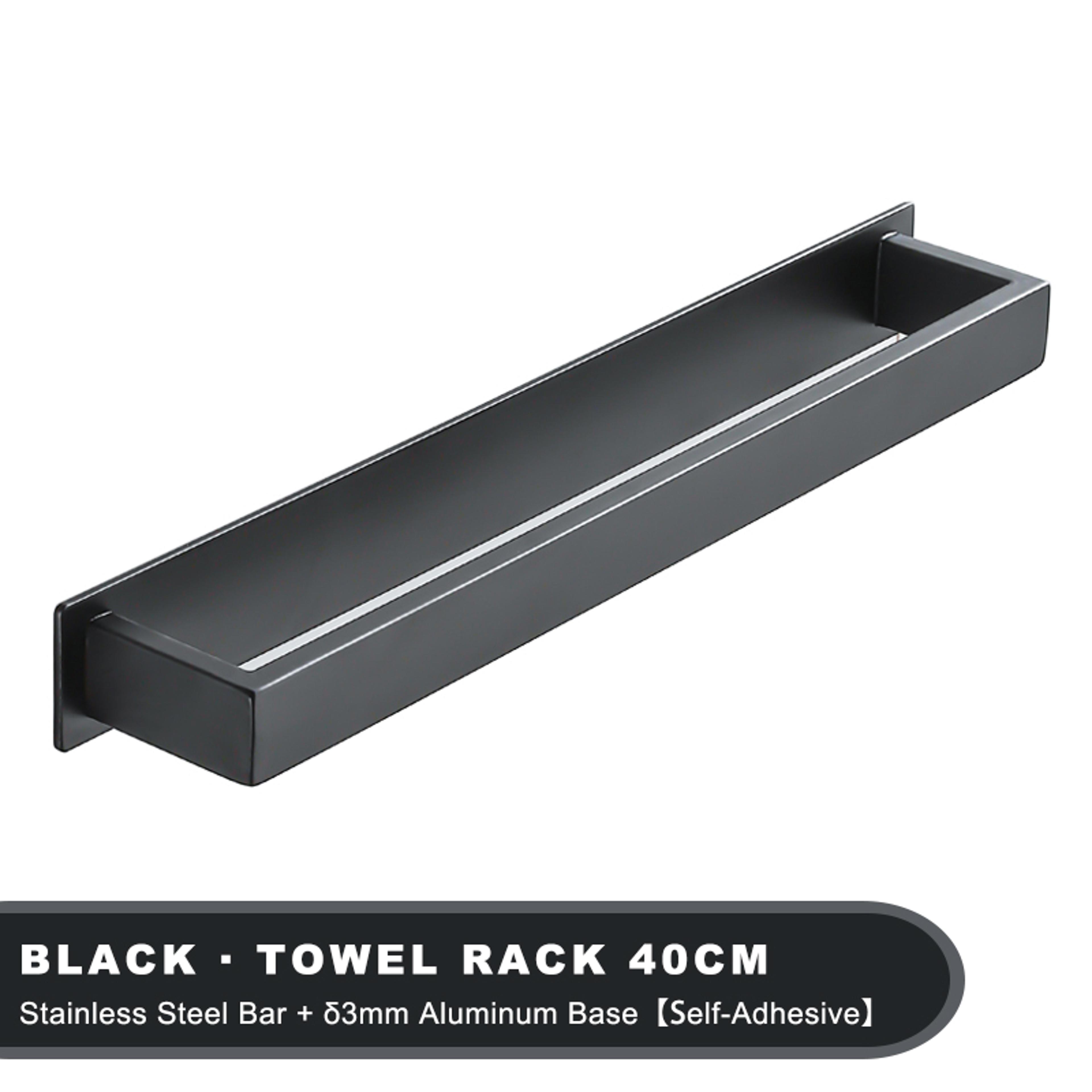 No Drill Black Stainless Steel Towel Holder Self Adhesive Bathroom Towel Rack Wall Shower Shelf 7