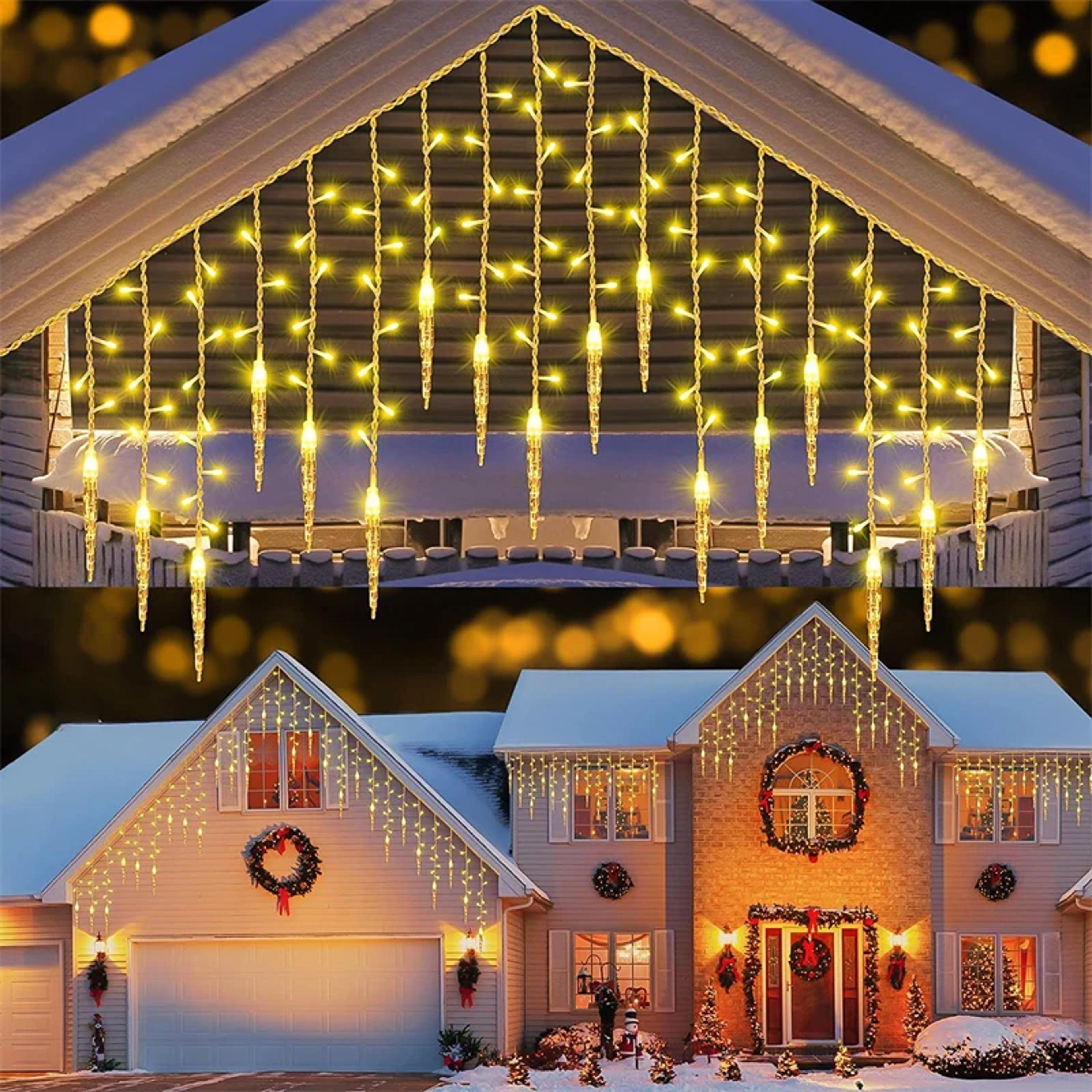 outdoor led icicle curtain string lights, drooping christmas garland for garden, street, and wedding decorations