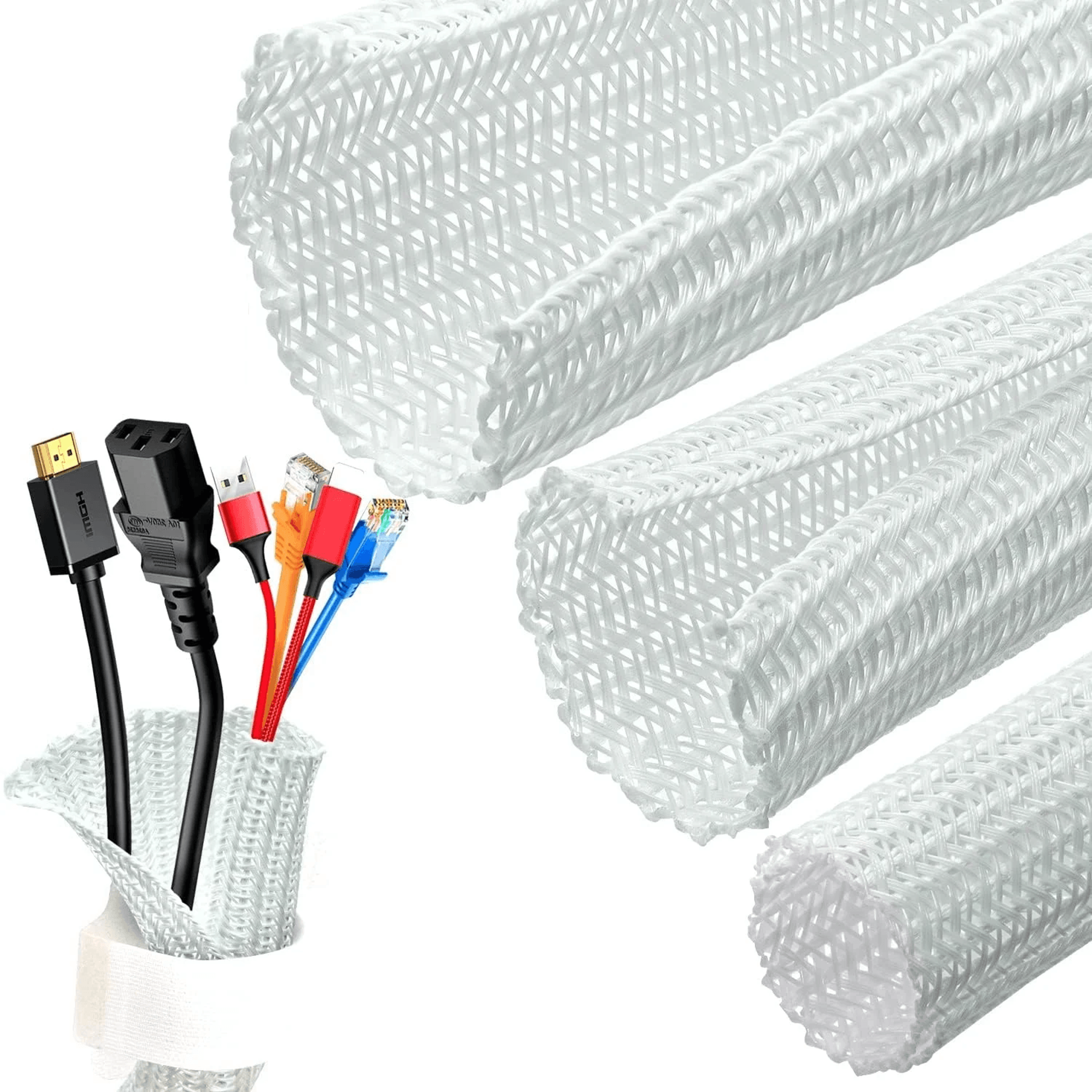 white cable organizer sleeve for desk pc, tv computer, wire protector & cable wrap cover