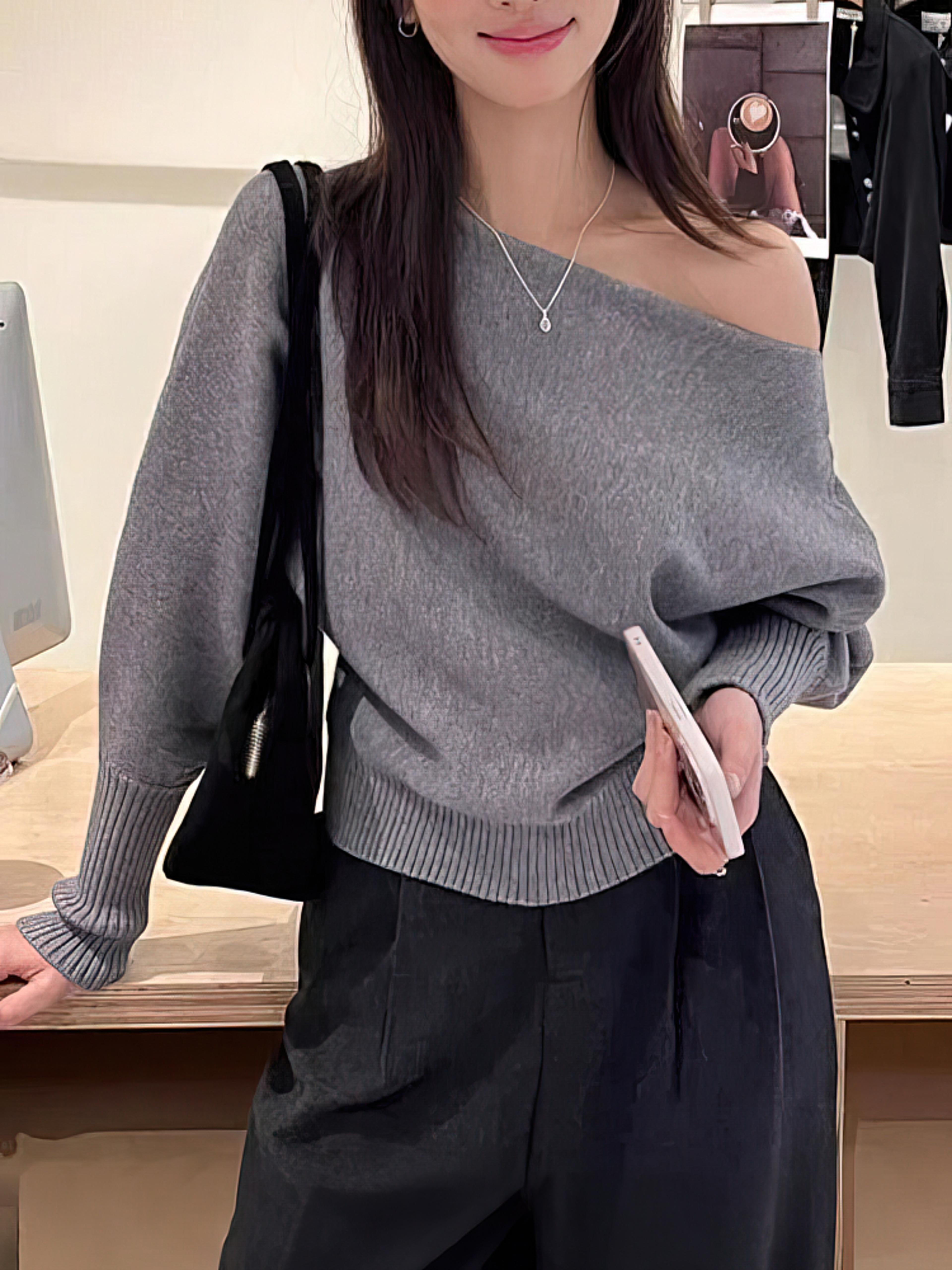 long sleeve knitted pullover, thick off shoulder sweater, loose casual autumn outwear for women