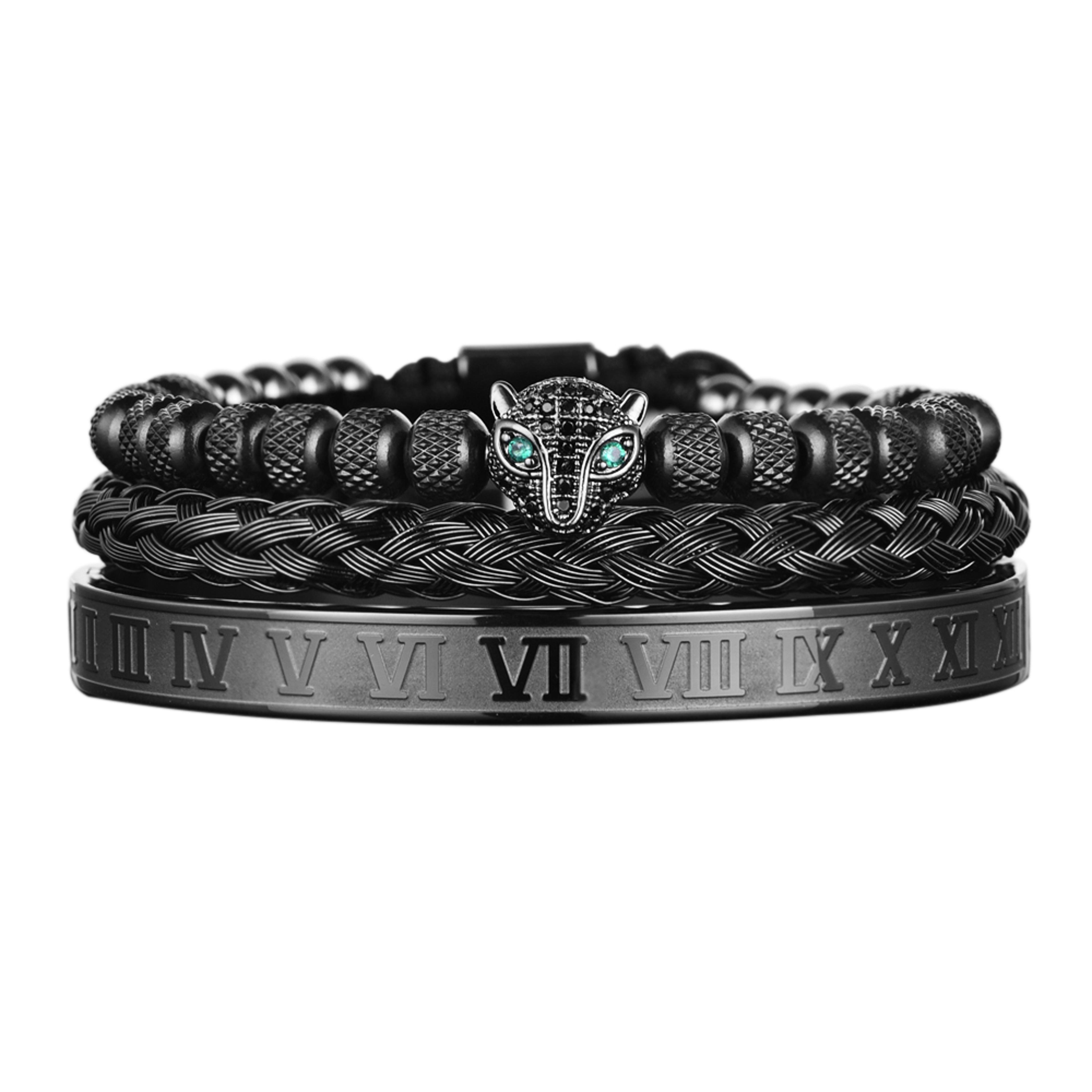 3FS23pcssetClassicalHandmadeBraidingBraceletHipHopMenPaveCZLeopardHeadRomanNumeralBra