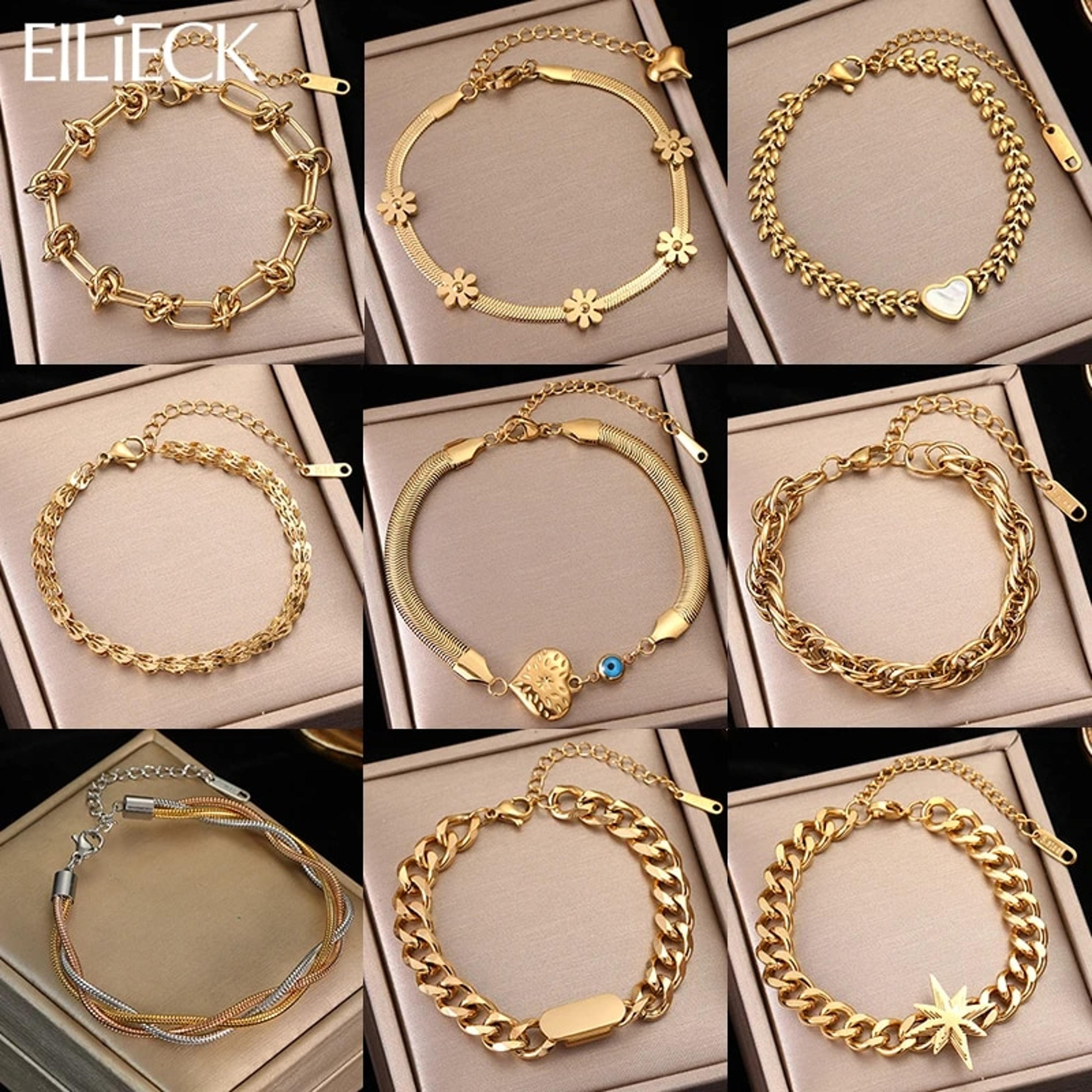 stainless steel gold bracelet for women: simple link chain bangle, trendy non fading fashion jewelry gif