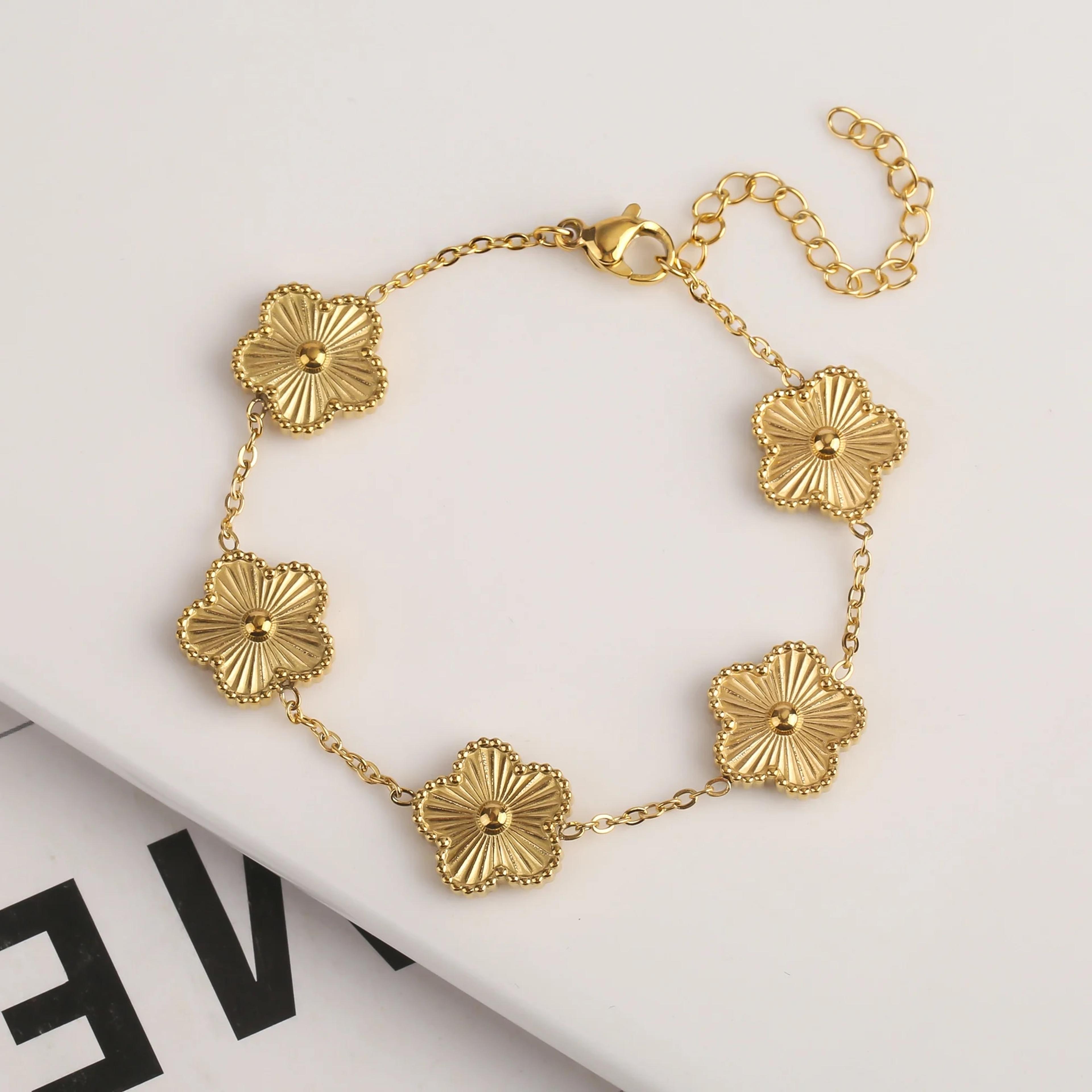 high-quality stainless steel women's bracelet with y2k metal plum laser design and waterproof five-leaf clover flower