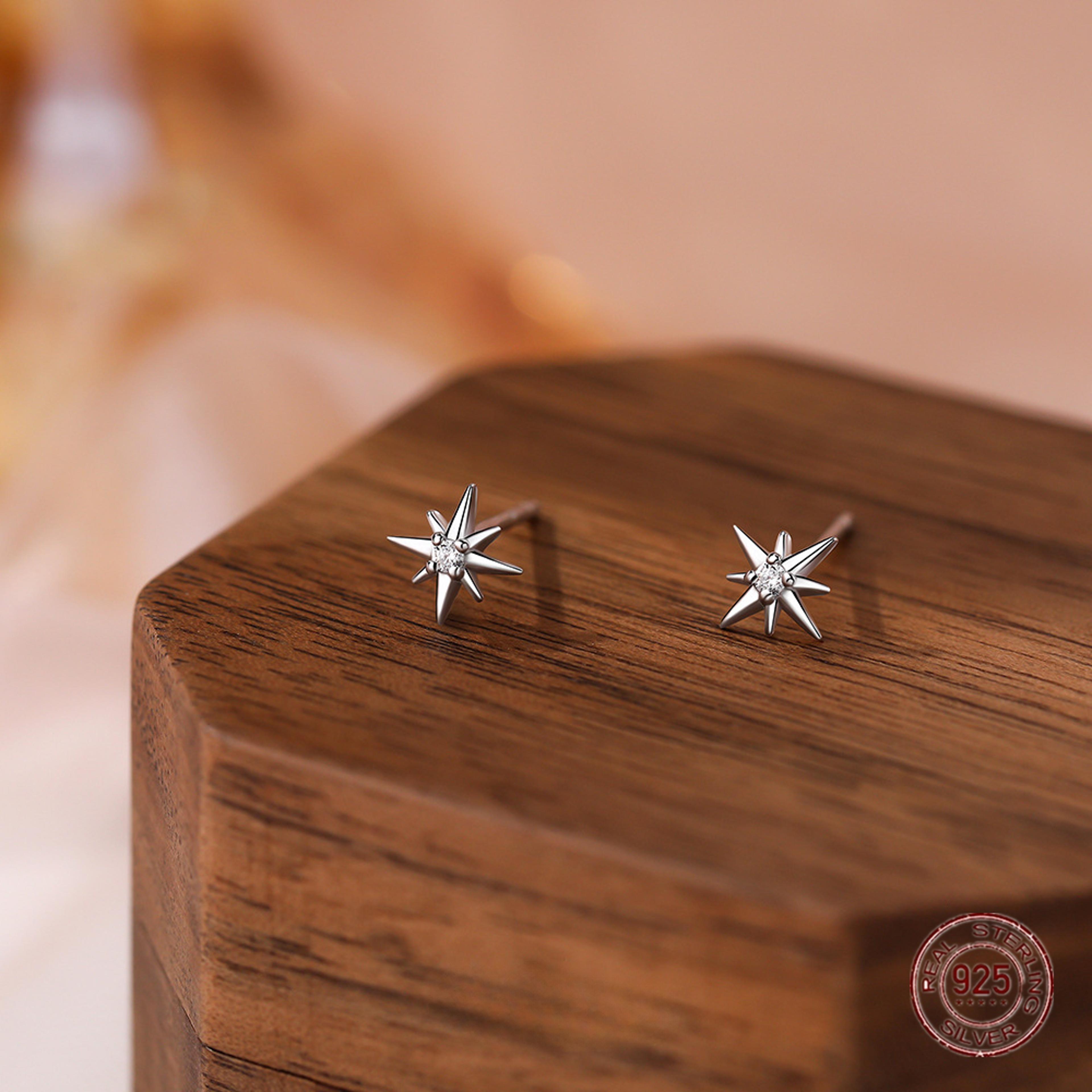 925 sterling silver eight-point star stud earrings with korean zircon for women, luxury wedding bride jewelry