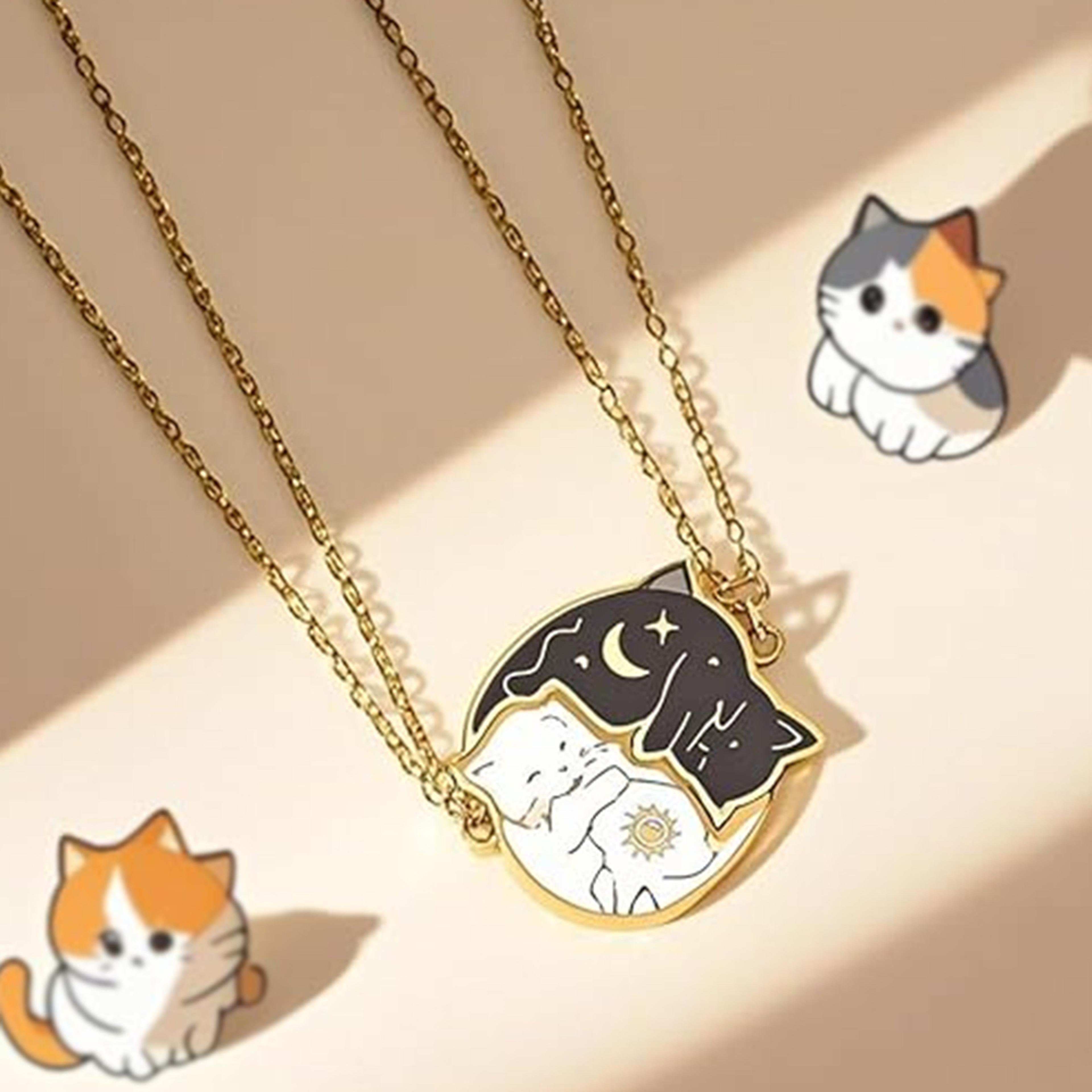 Love Embrace Cat Necklace Set Stainless Steel Black White Matching Pendant Jewelry For Women And Fr 1