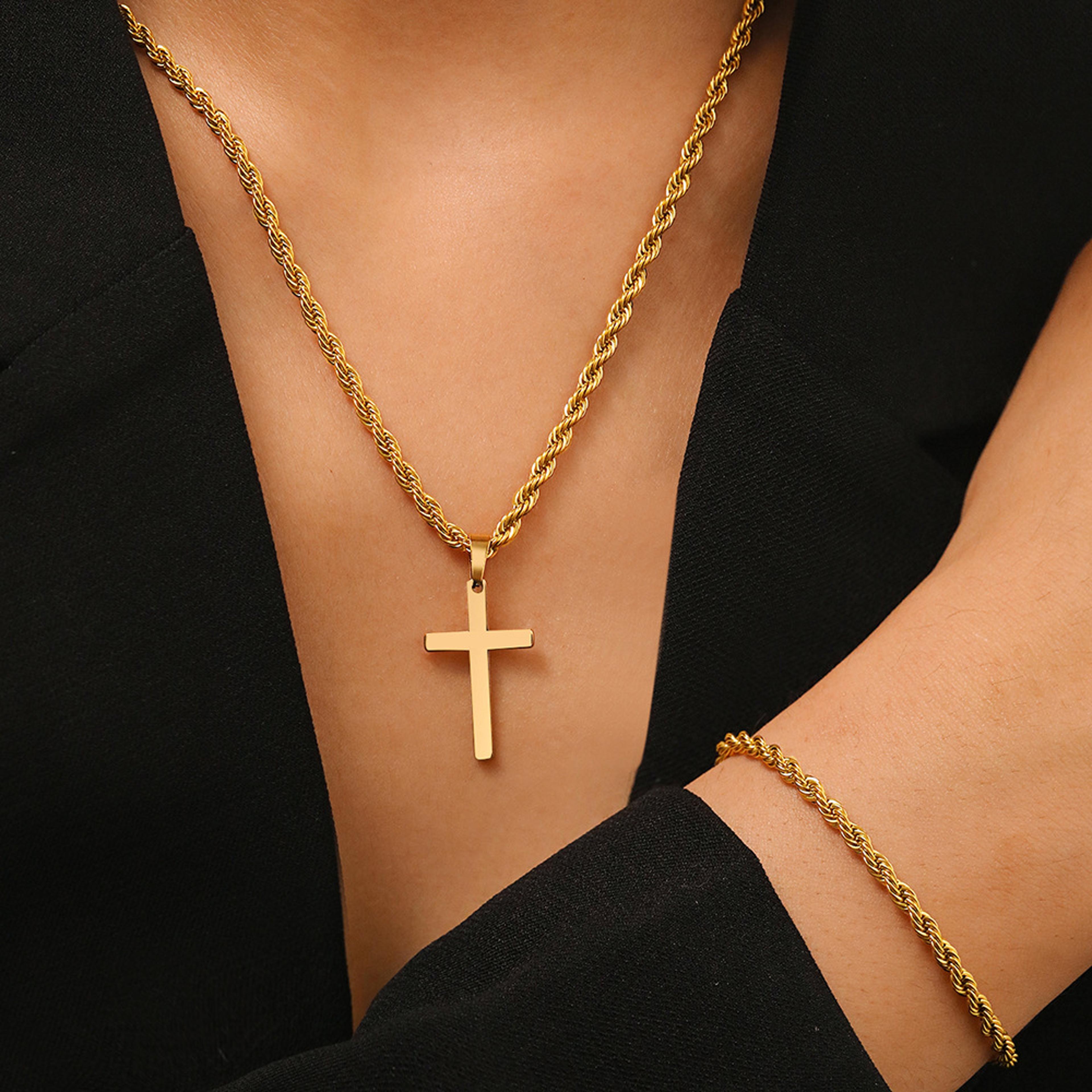 Durable Twisted Rope Cross Necklace And Bracelet Set Stainless Steel Jewelry Simple Casual Style Gi 1