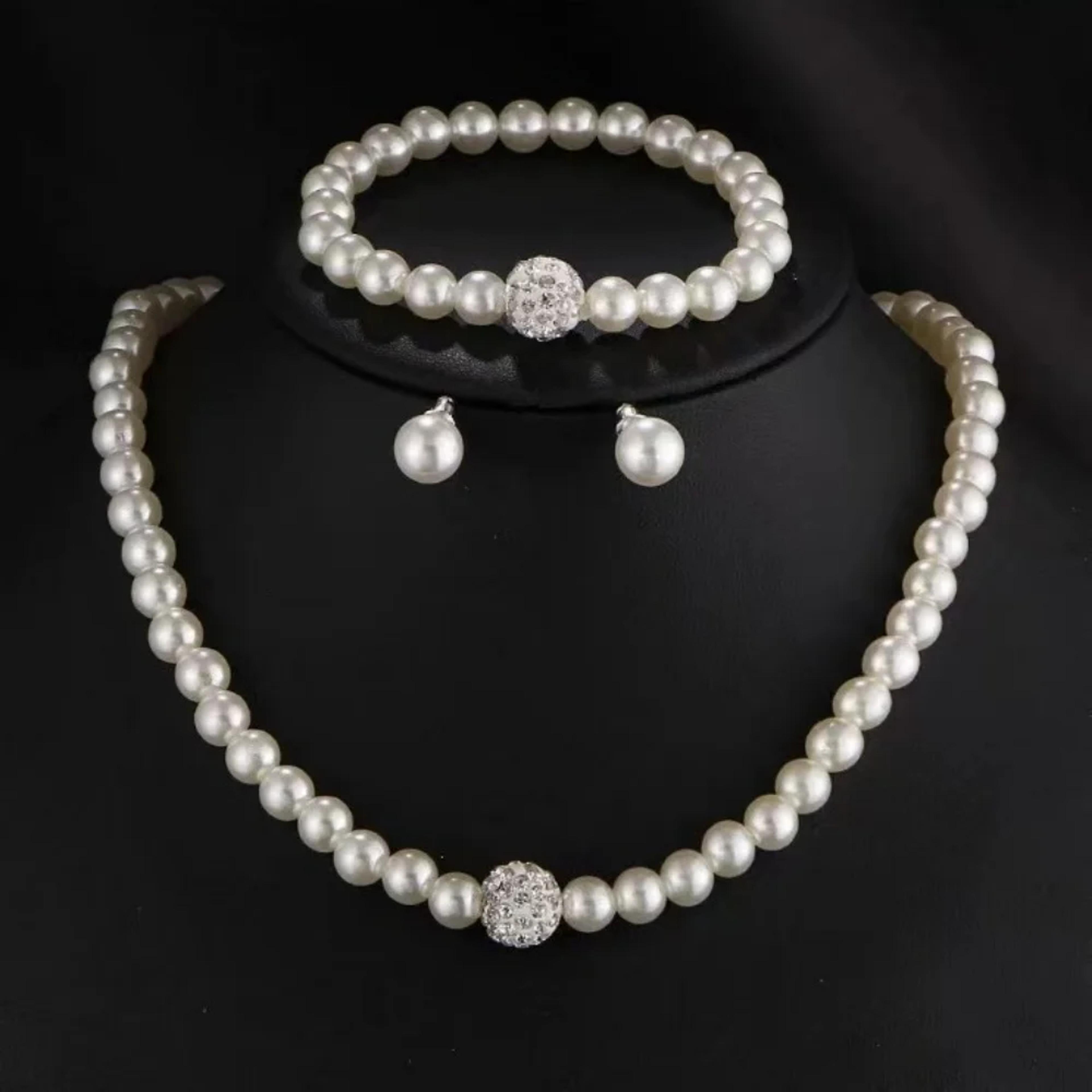 elegant imitation pearl fireball necklace bracelet earrings set silver color crystal stone bridal jewelry gift