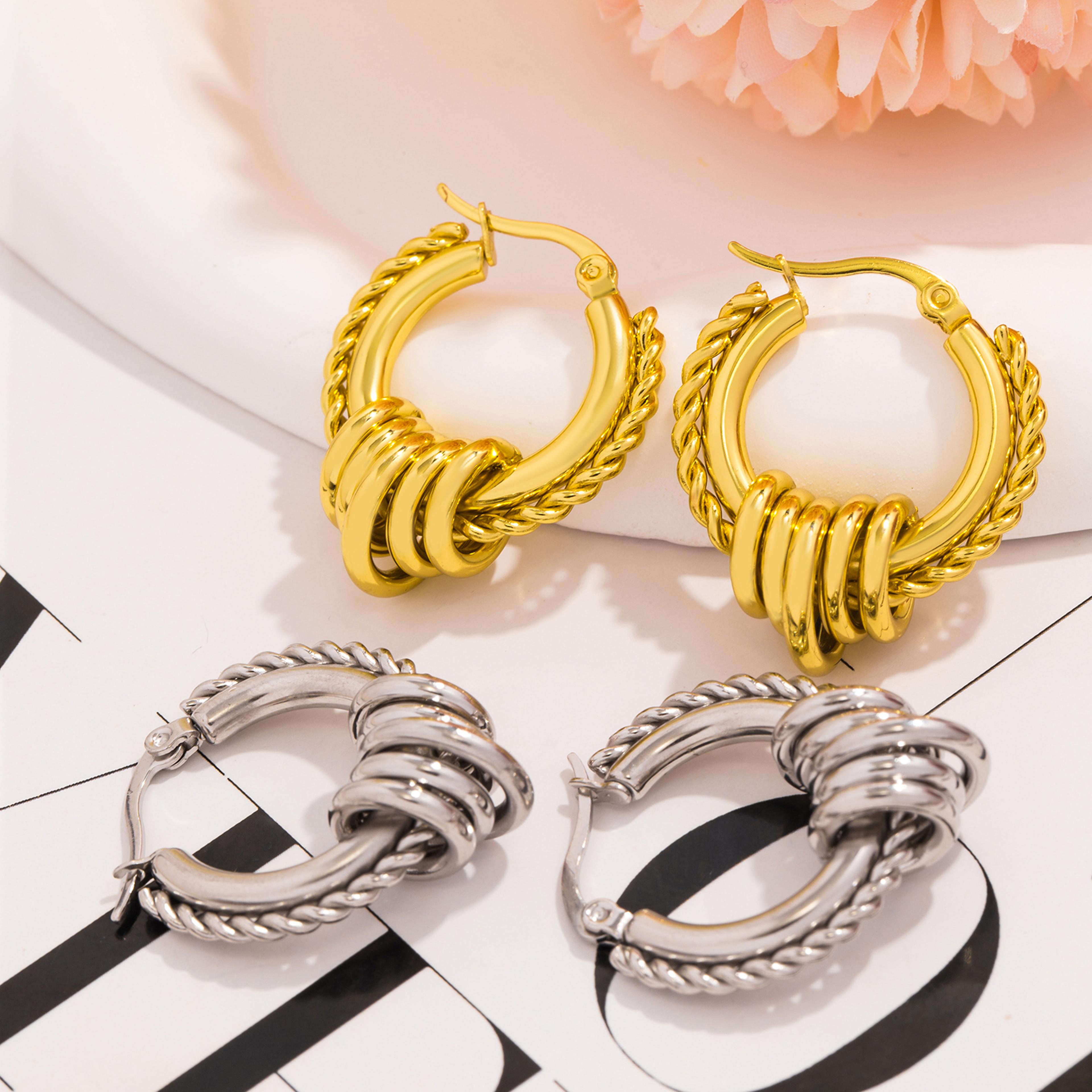 multilayer circle twist earrings for women, trendy gold plated stainless steel statement jewelry bijoux