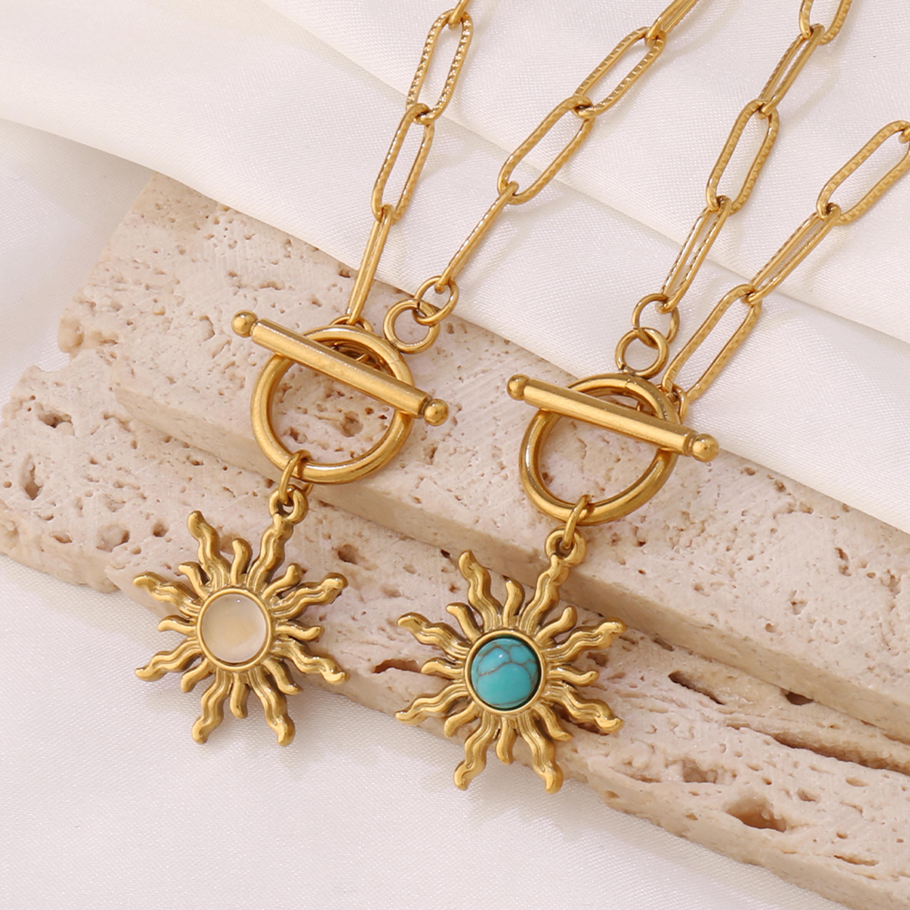 gold color stainless steel sun pendant necklace for women, turquoise charms clavicle chain necklaces jewelry