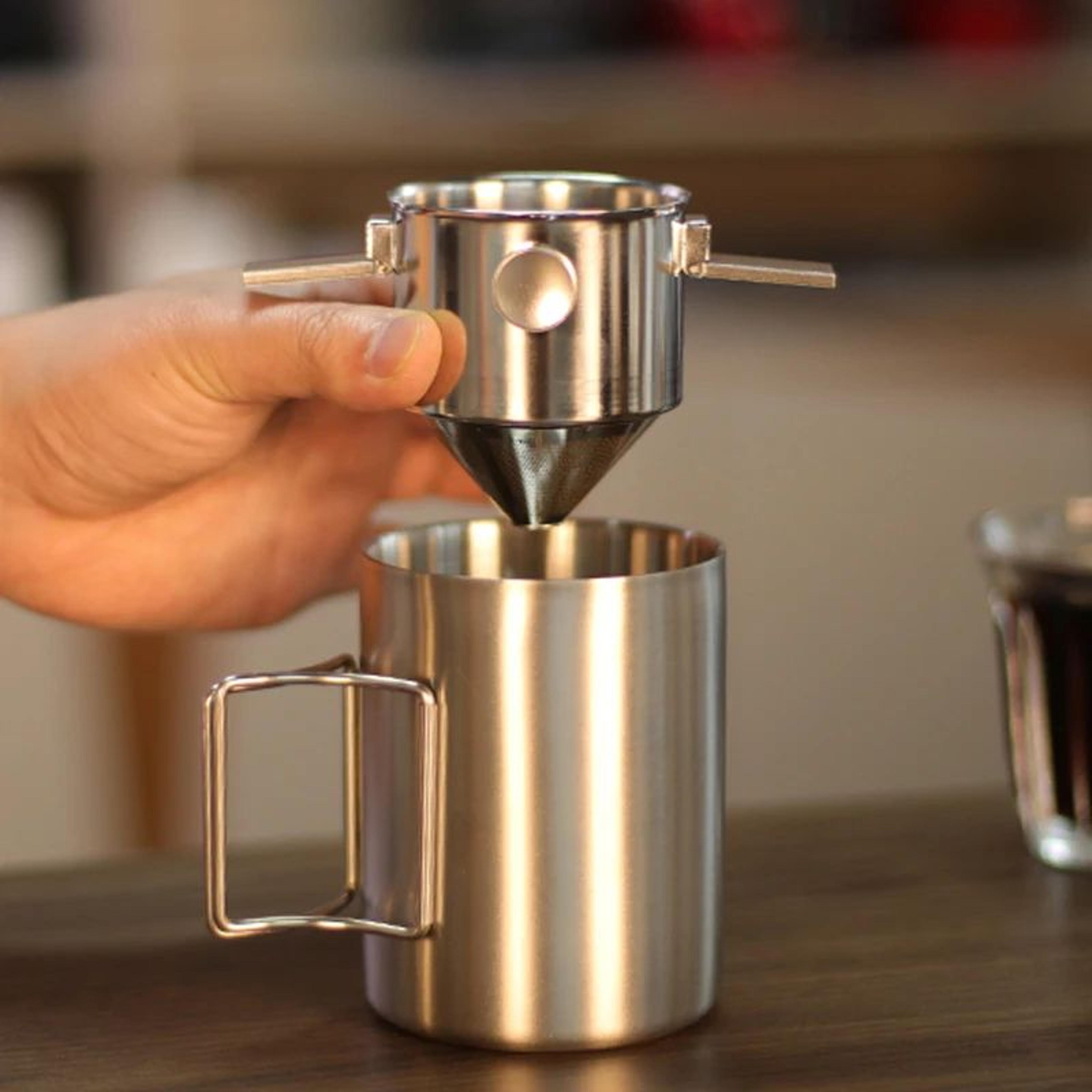 portable stainless steel hanging ear coffee filter cup, hand flush, reusable filter-free funnel coffee utensils