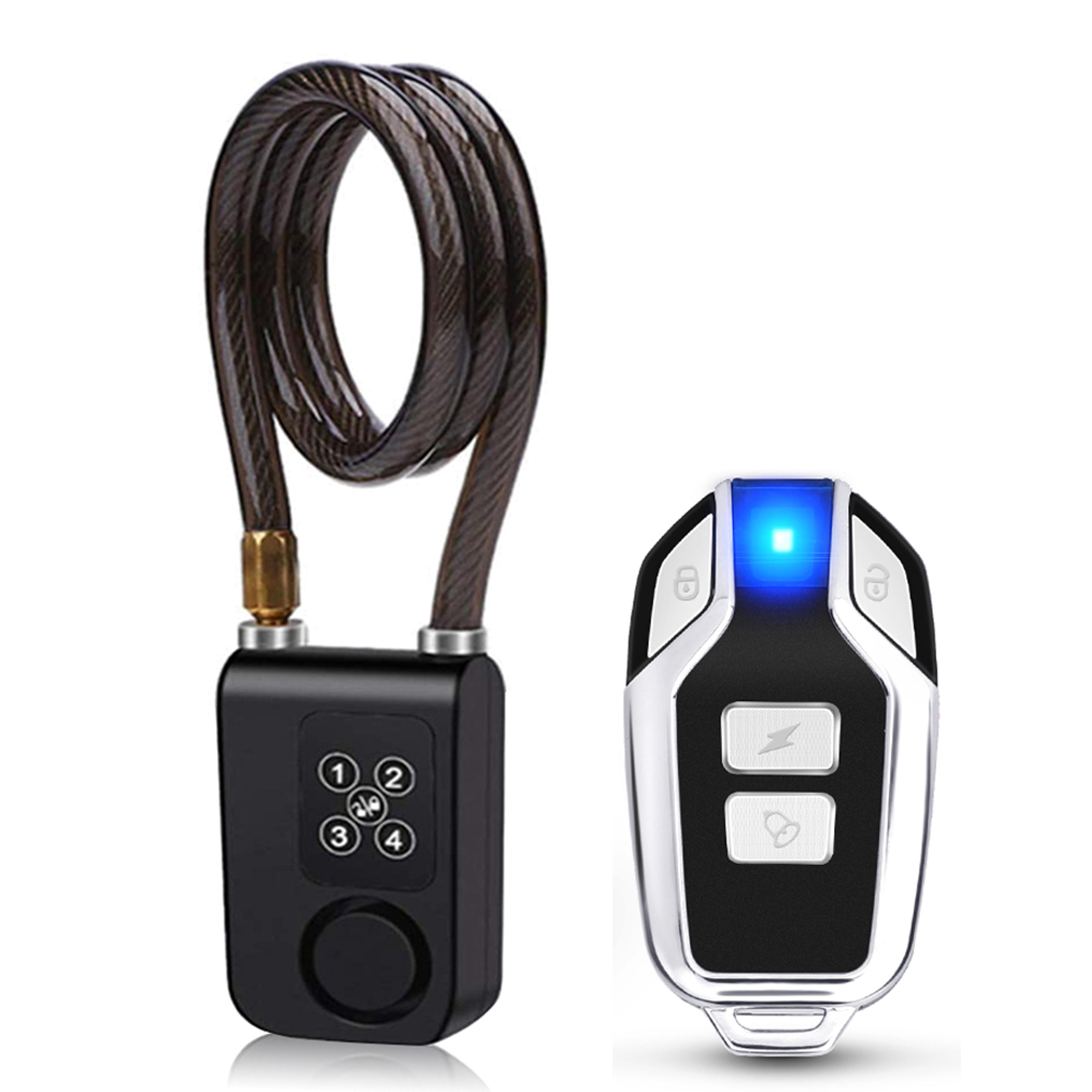heavy-duty bike lock with burglar alarm, 110db waterproof bicycle cable lock, remote control & 4-digit password