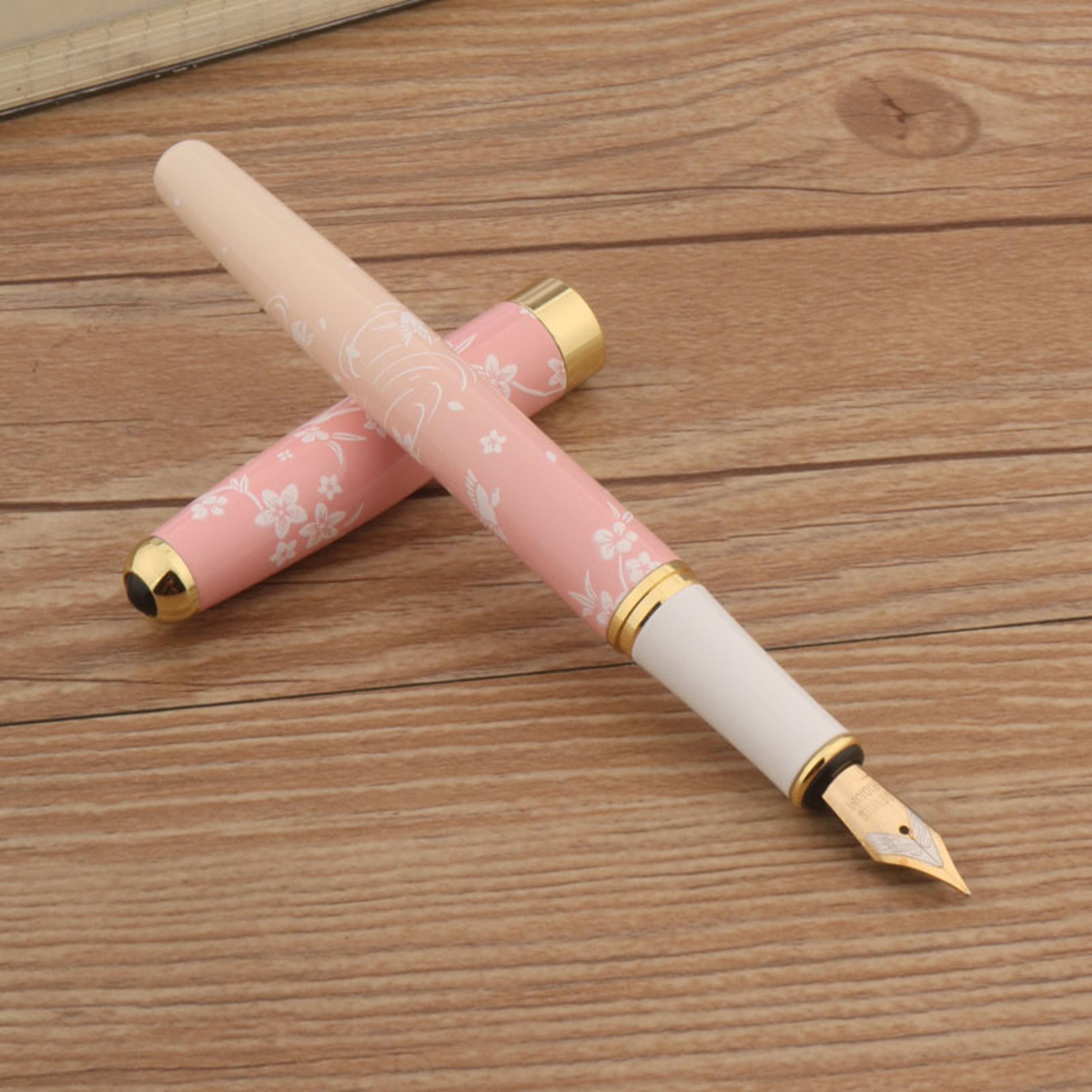 Luxury Pen With Ink Metal Fountain Pen Pink Flowers F Nib Professional Office  School Supplies Gift 1