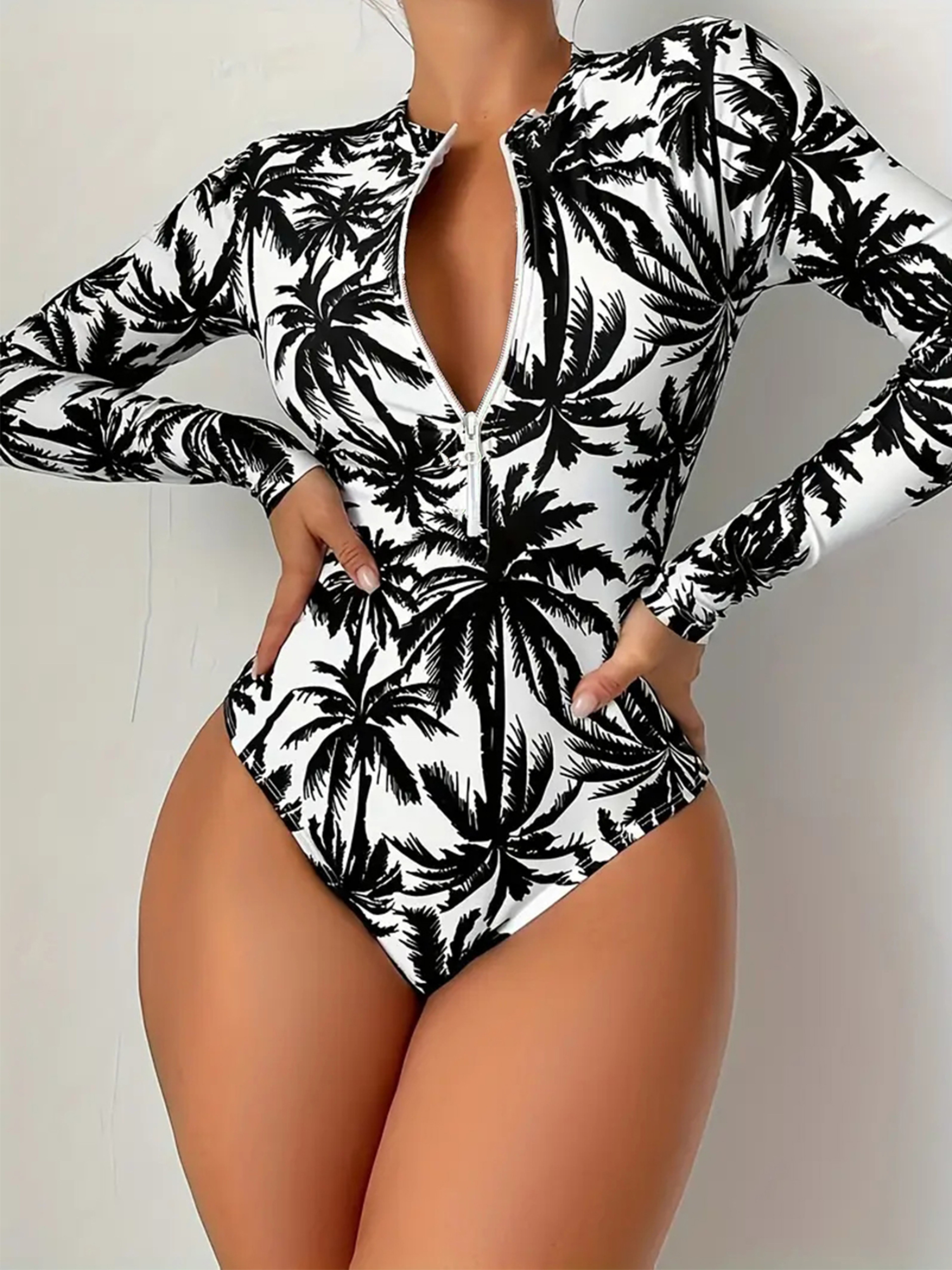 Womens Palm Tree Print Swimsuit Sexy Long Sleeve Bikini Set High Stretch Swimwear Black And White B 0