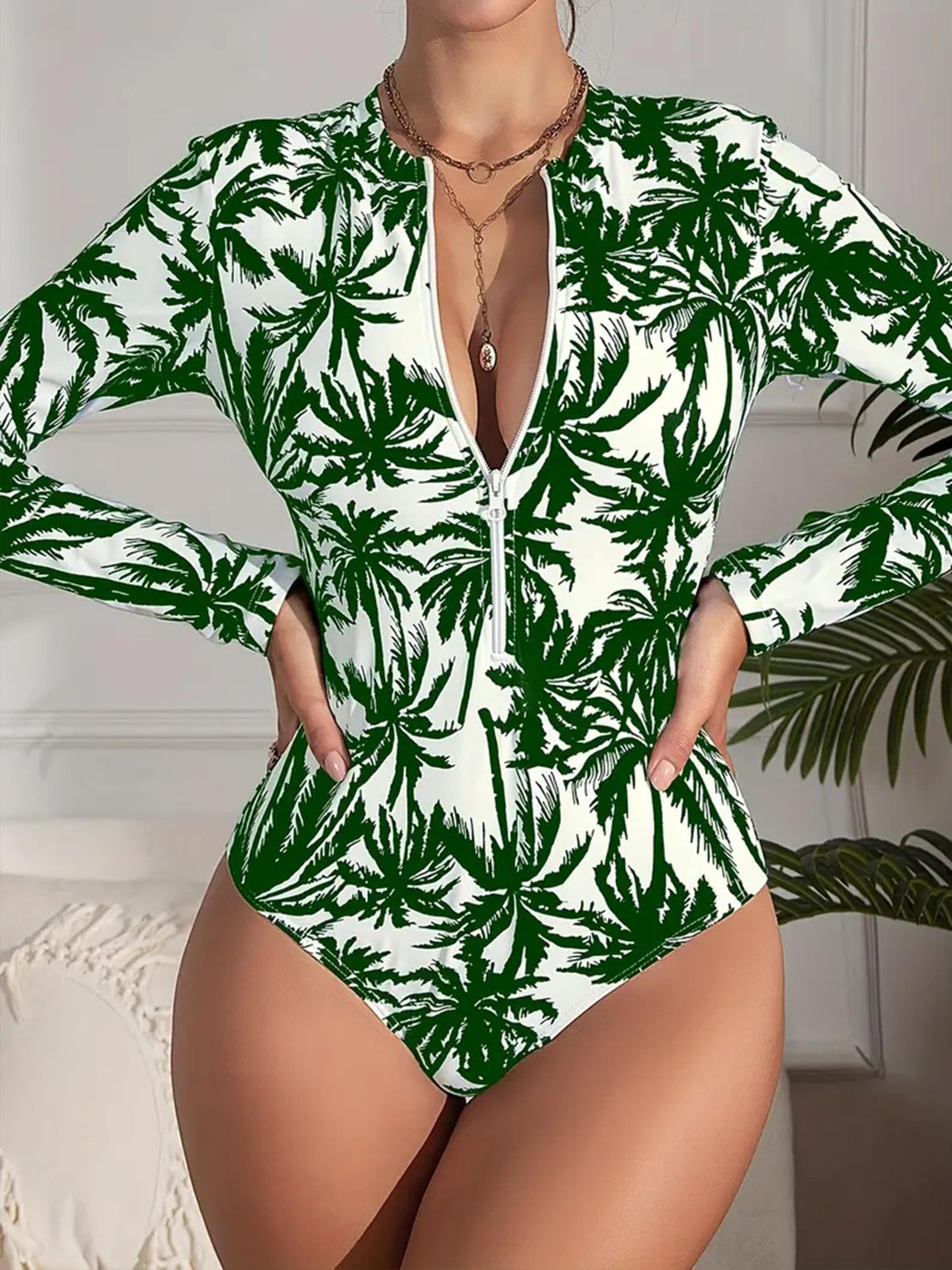 Womens Palm Tree Print Swimsuit Sexy Long Sleeve Bikini Set High Stretch Swimwear Black And White B 6