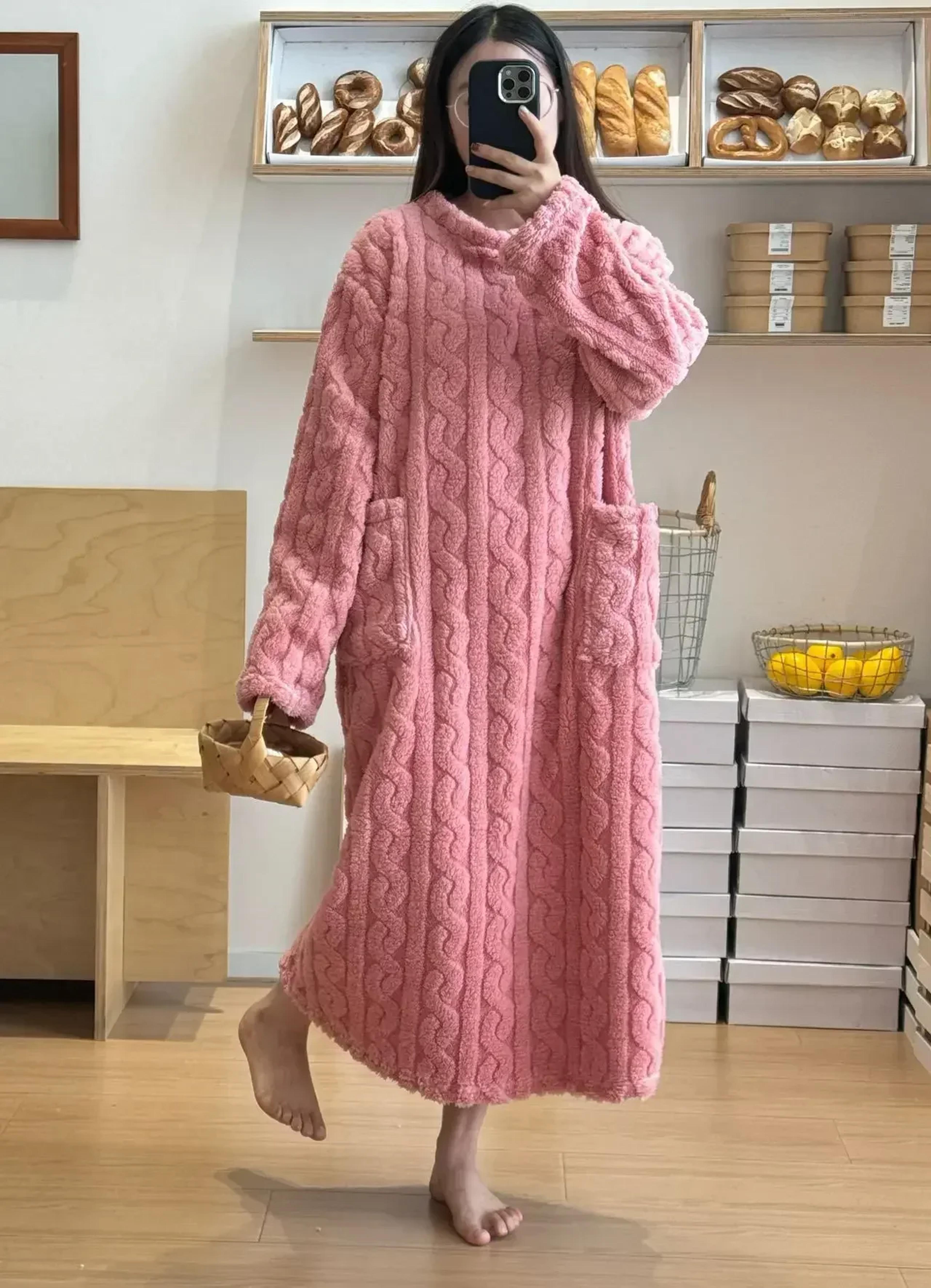 winter nightgown for women, long sleeve flannel sleepwear, loose fit nightdress with pockets, thickened warm jacquard
