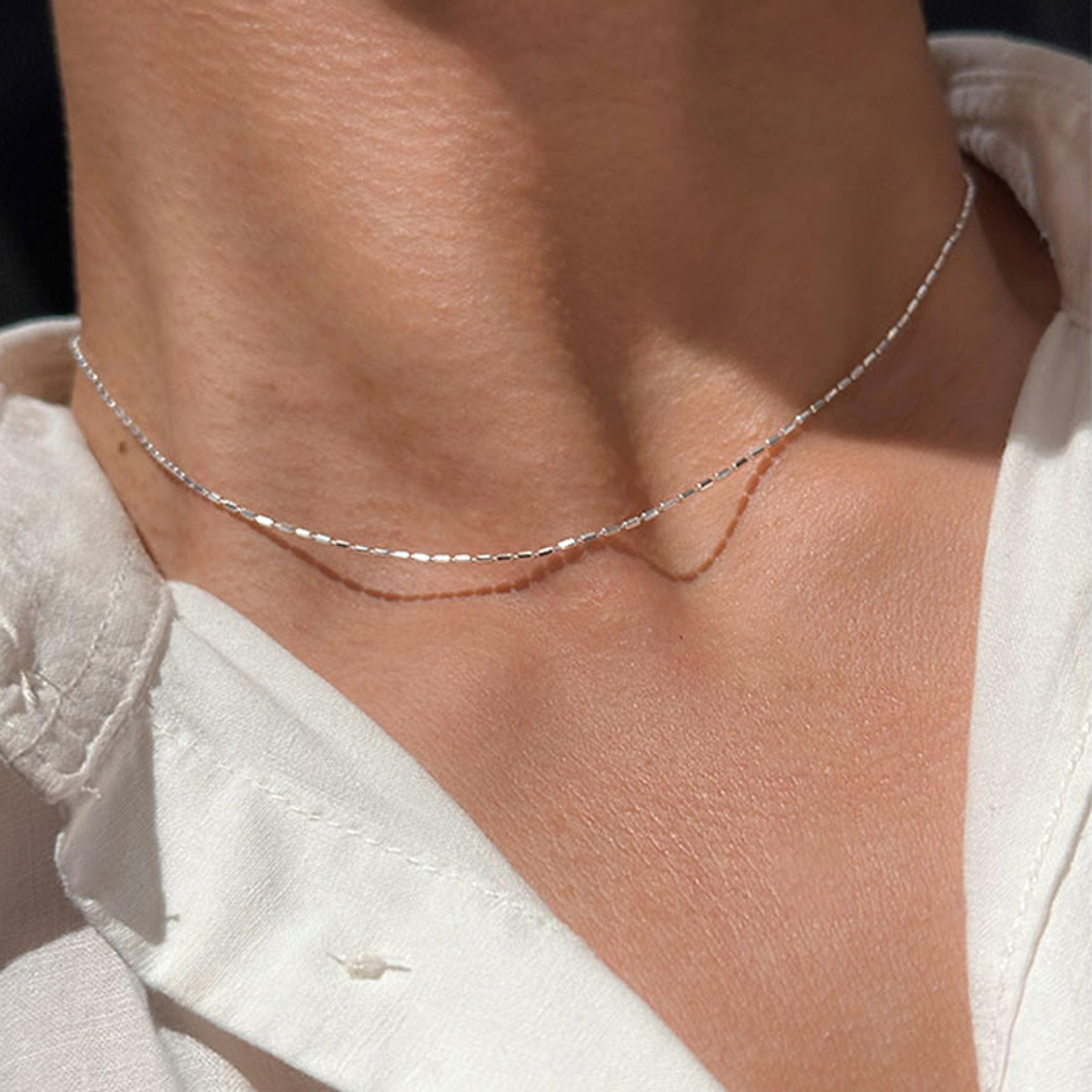 Shiny Sterling Silver Necklace With Geometric Beads Choker Delicate Collarbone Chain For Women Fash