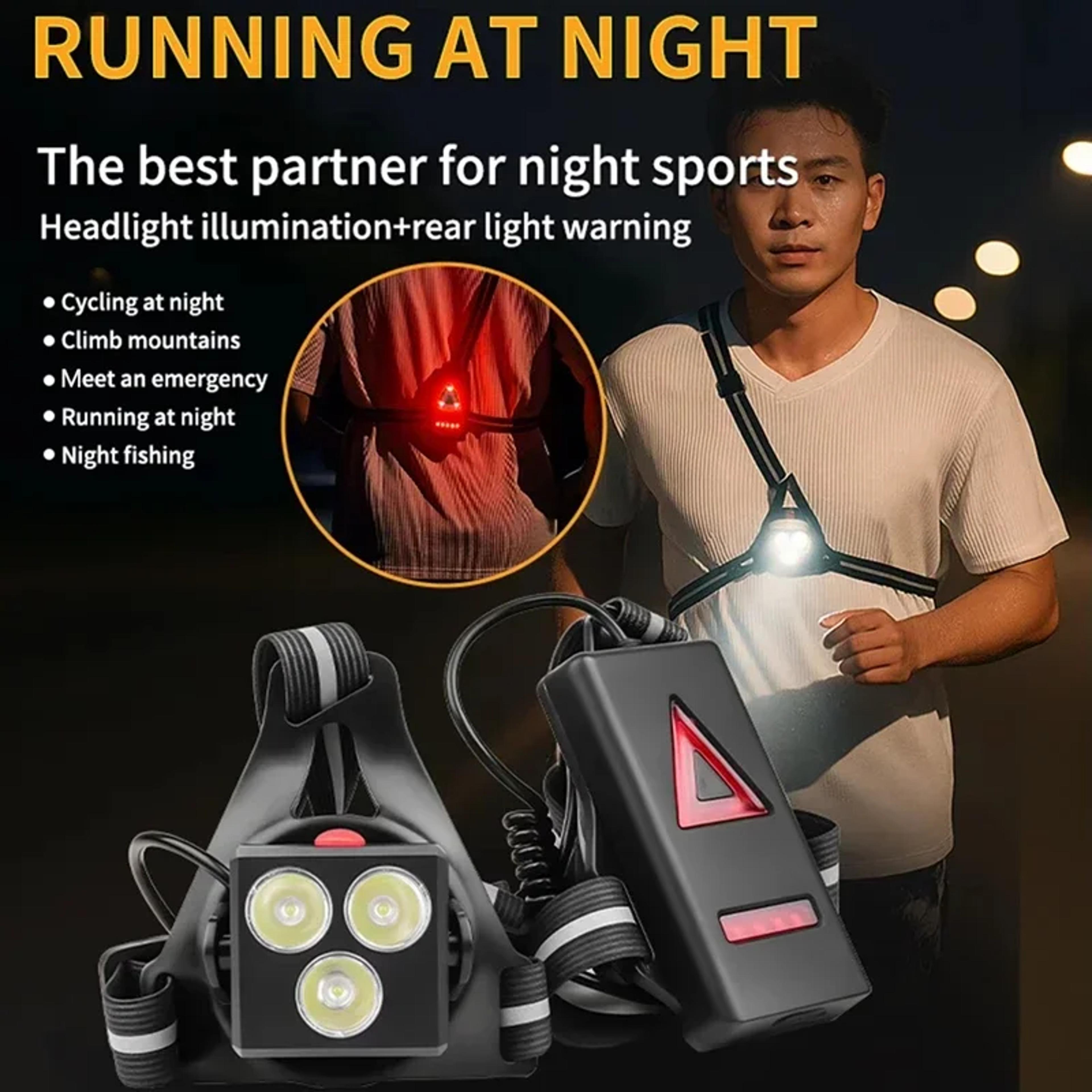 USB Rechargeable LED Chest Front MultiLamp Red Warning Night Running Light Triangle Reflective Stra 1
