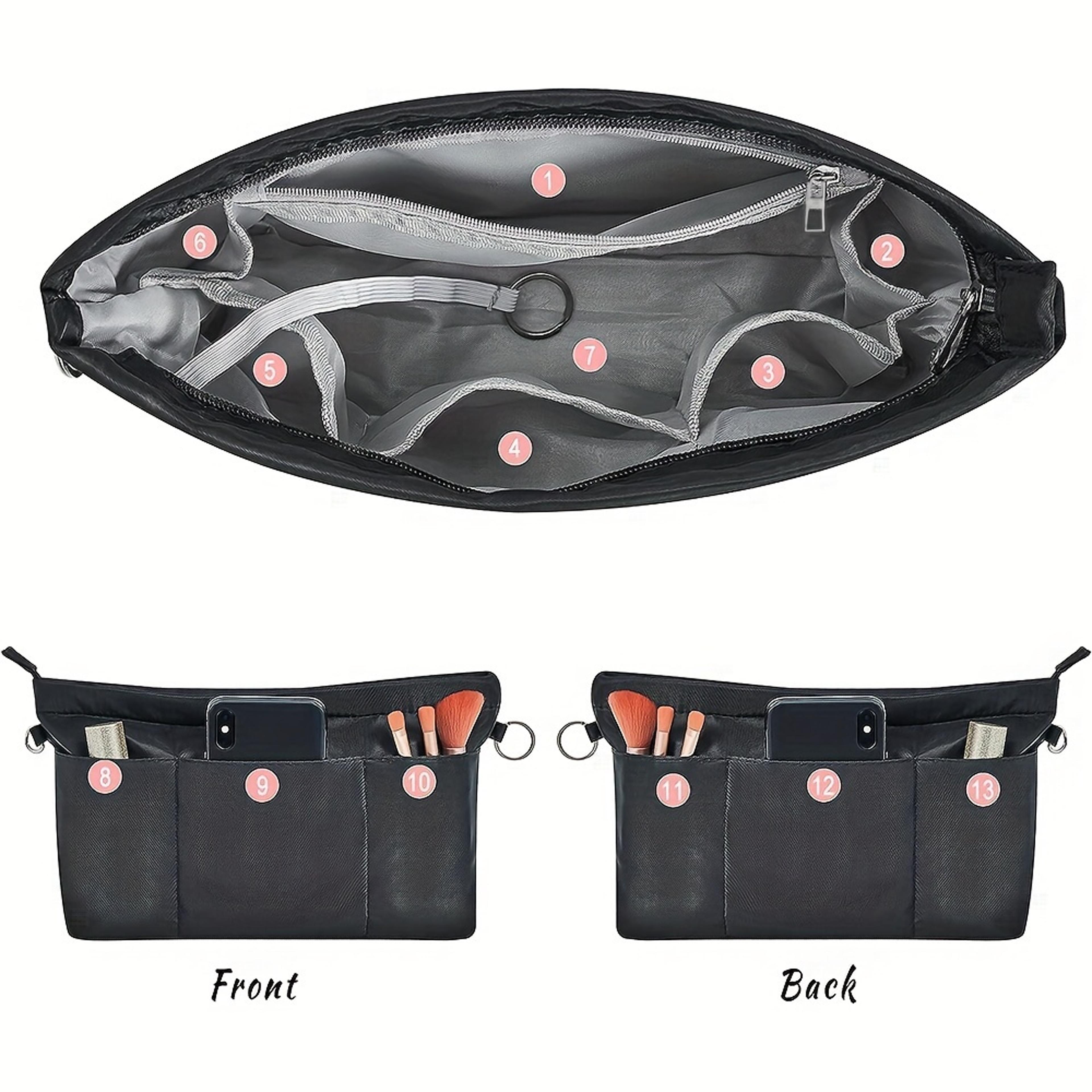 Lightweight Zippered Storage Nylon Tote Foldable Cosmetic Organizer Pockets Toiletry Bag Insert Bat 1