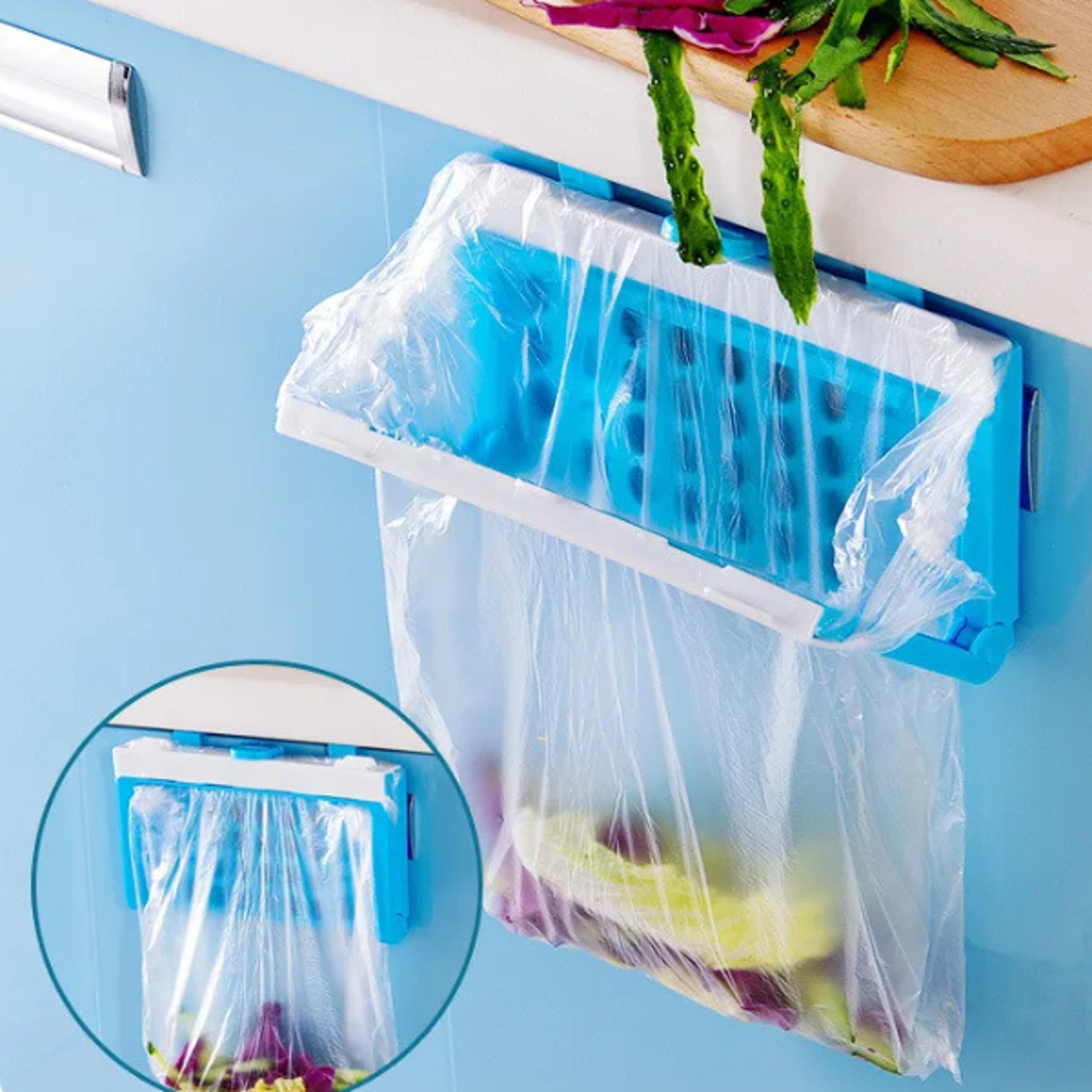 SpaceSaving Foldable Kitchen Organizer  Hanging Trash Bin Cabinet Door Rack