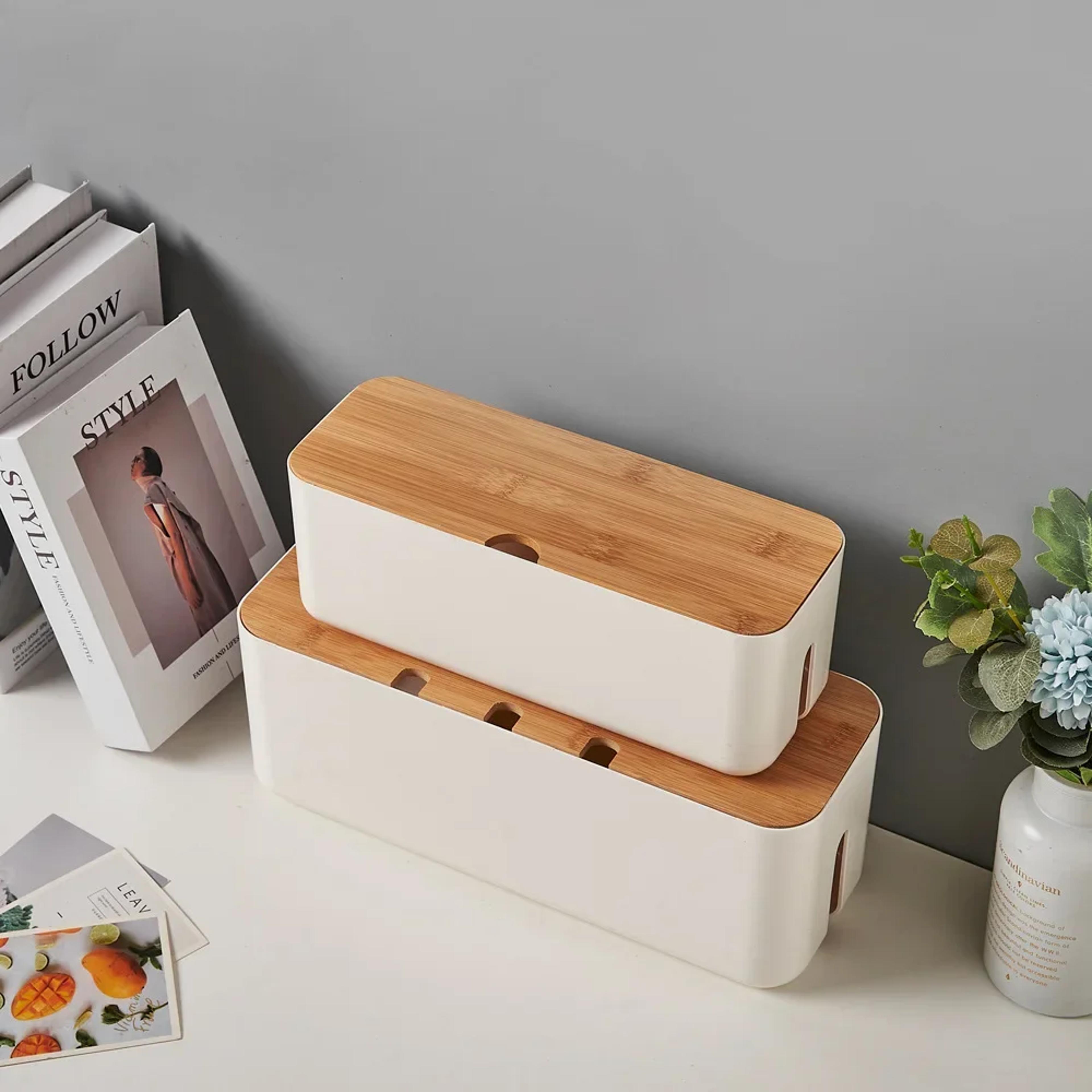 Bamboo Cable Management Box Eco Friendly Wire Storage Organizer For Desk  Computer 3