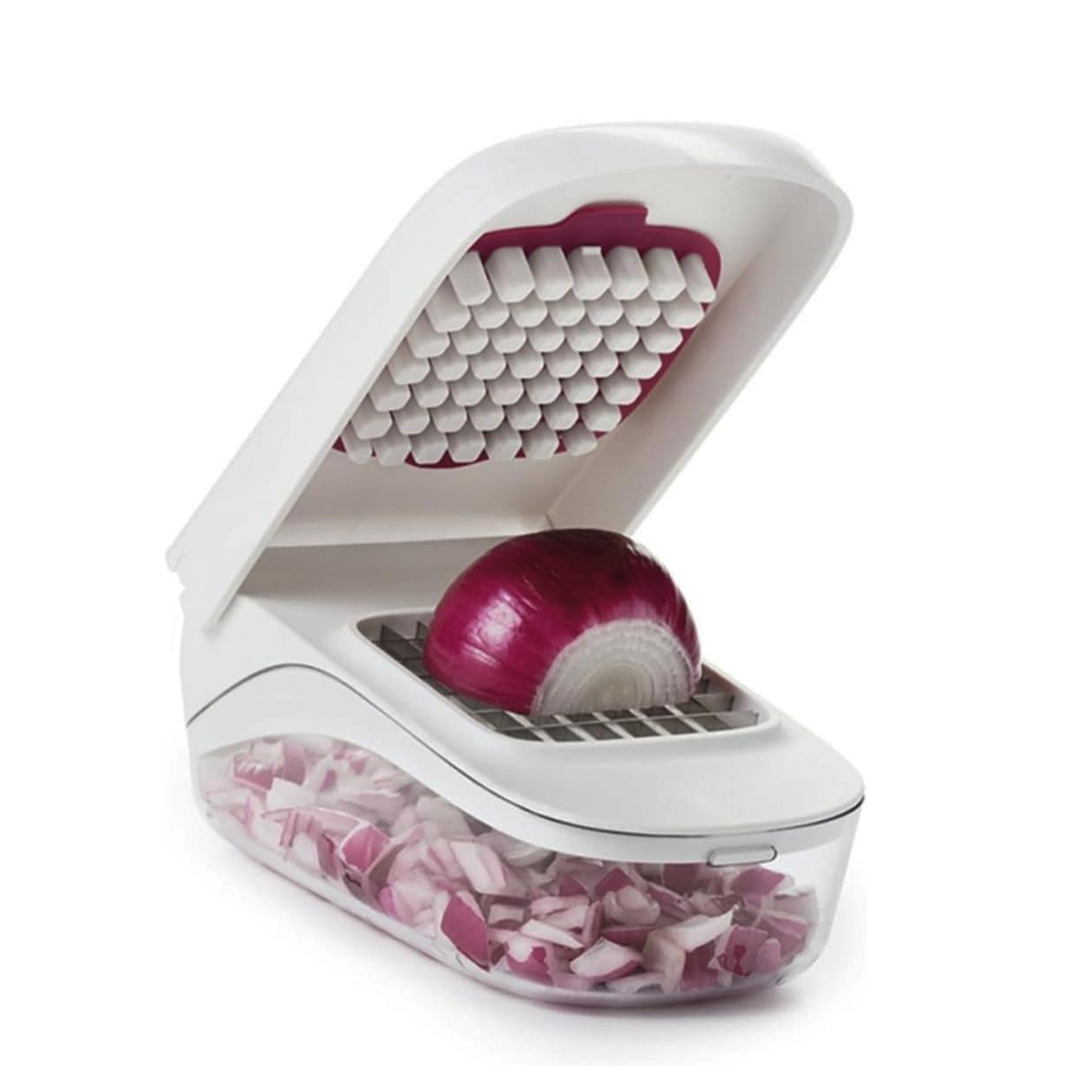 vegetable chopper with storage container easy pour onion & fruit dicer with stainless steel blades